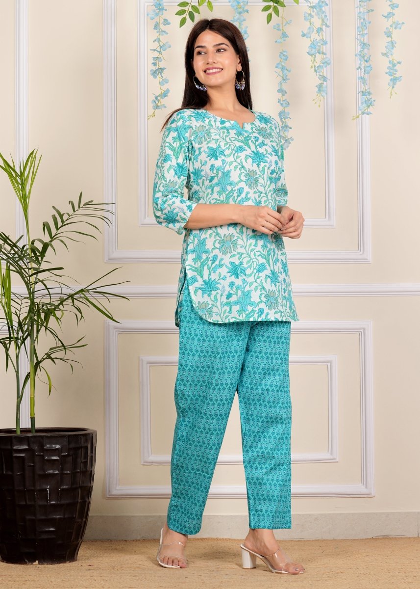 Blue Floral Cotton printed Co-Ord set for Women