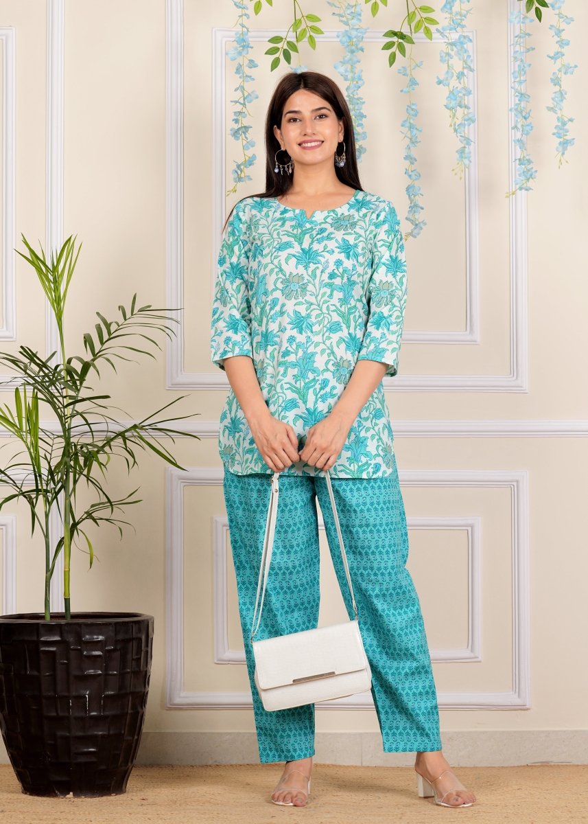 Blue Floral Cotton printed Co-Ord set for Women