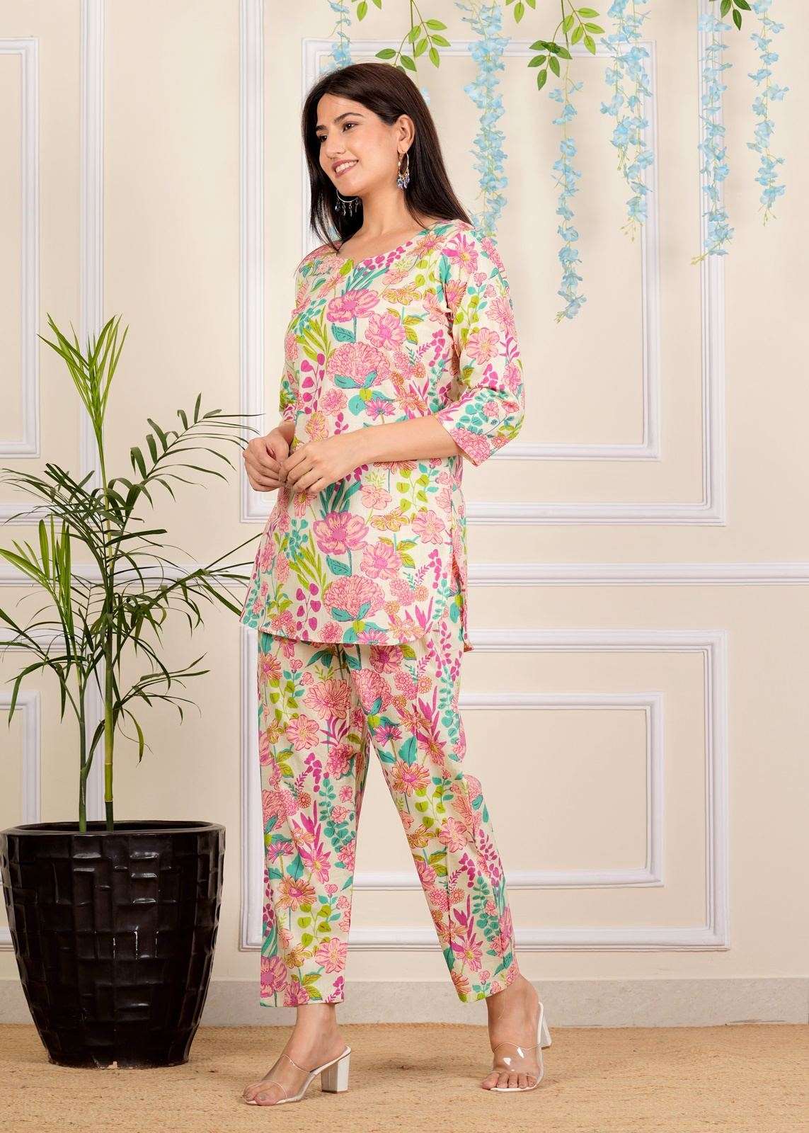 Multi color Floral Printed Cotton Co-Ord set