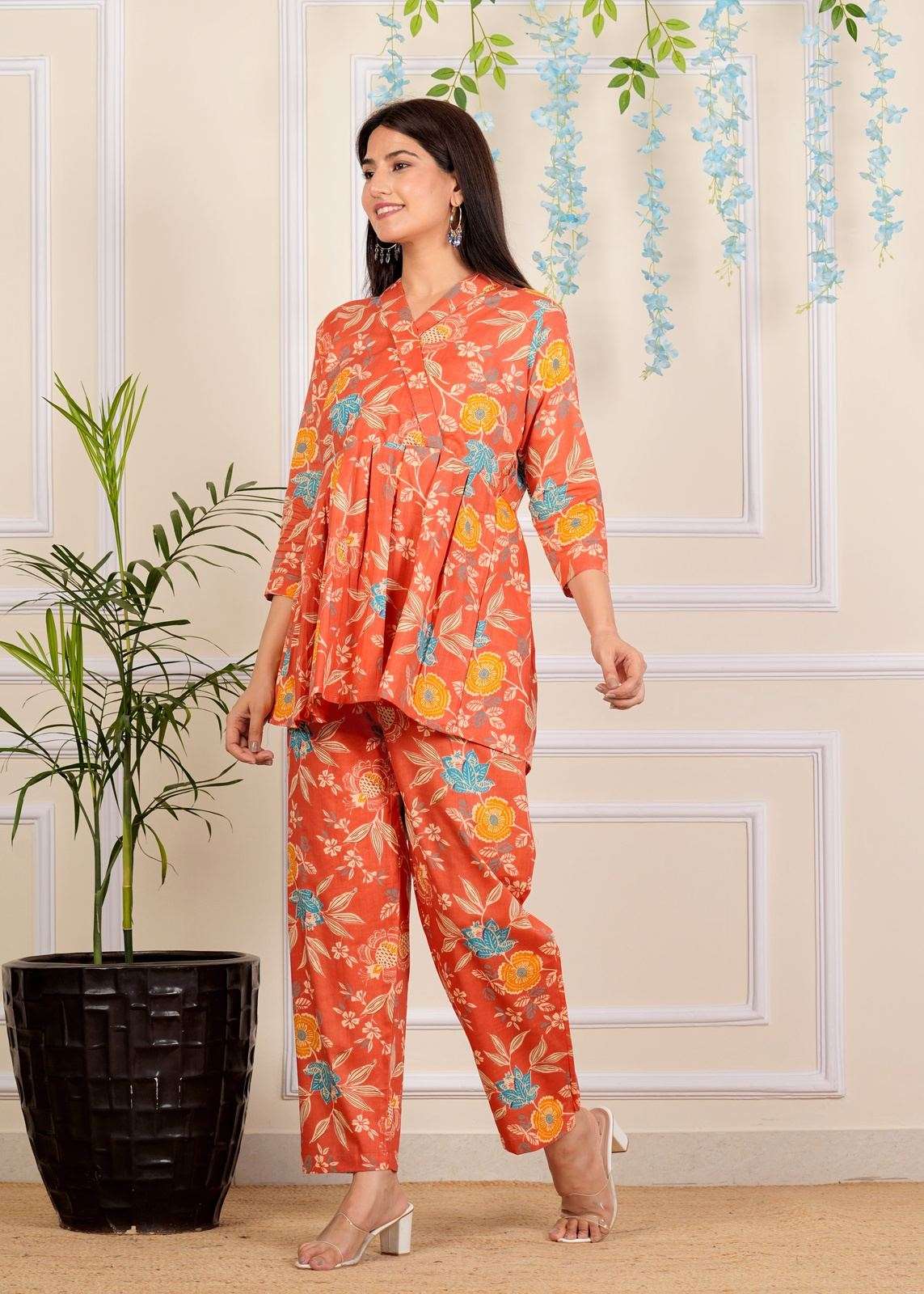 Designer Floral Printed Cotton Co-Ord set for Women with belt