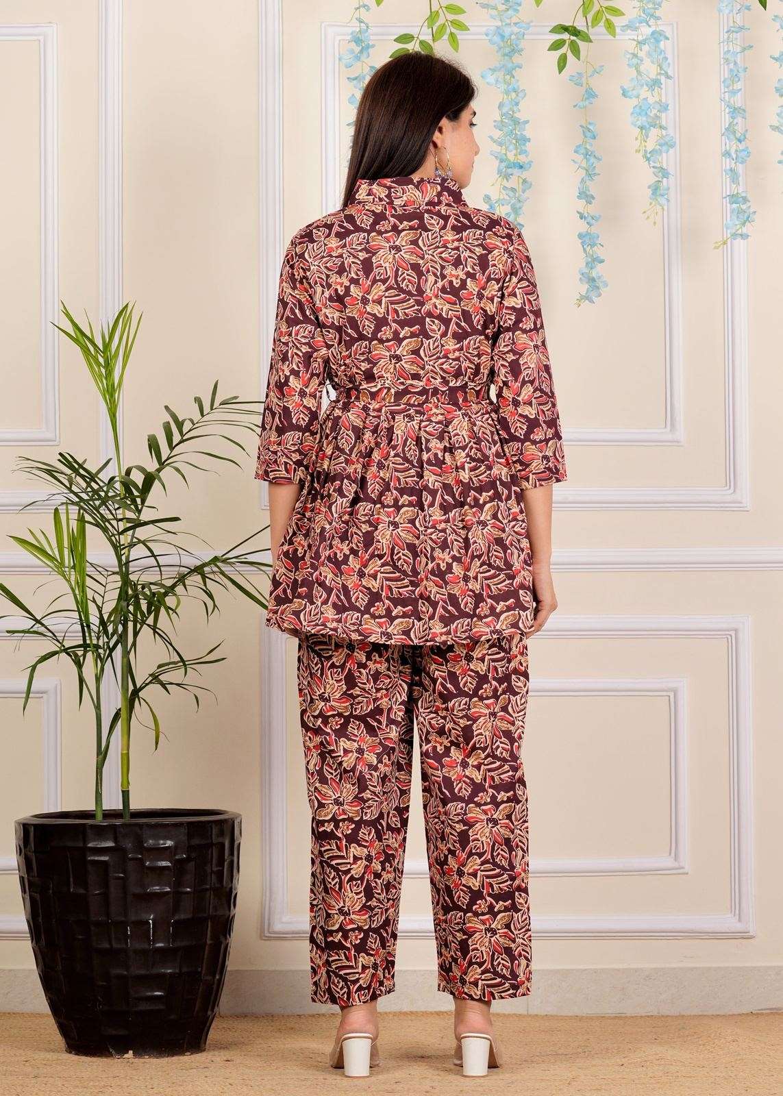 Designer Floral Printed Cotton Co-Ord set for Women with belt