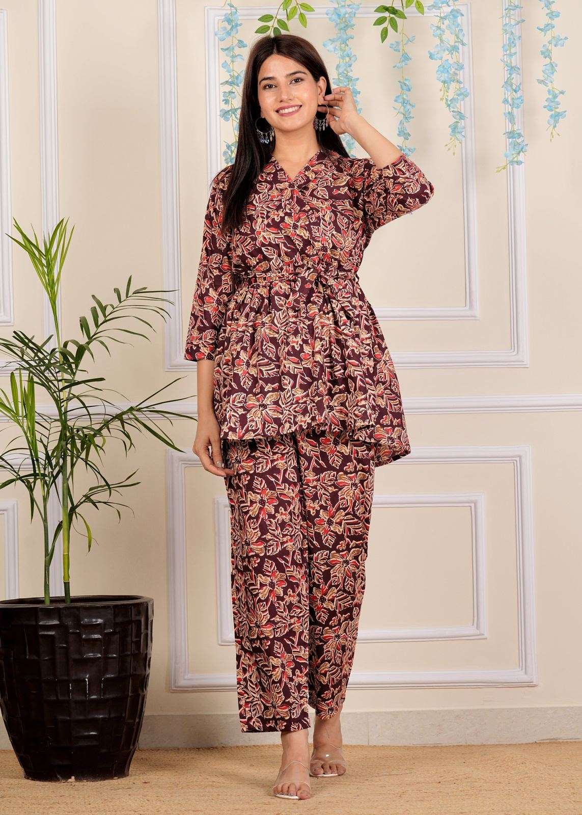 Designer Floral Printed Cotton Co-Ord set for Women with belt