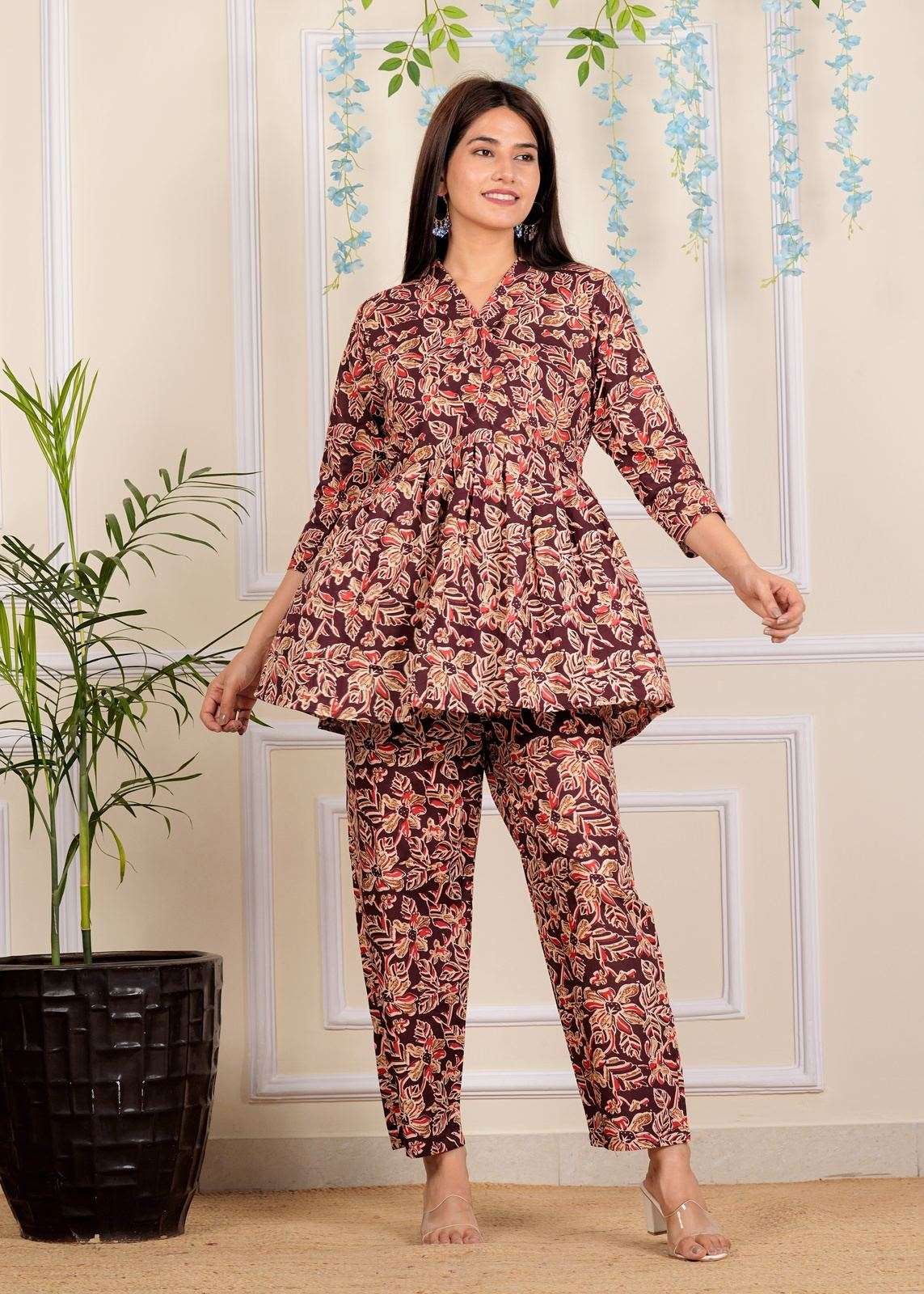 Designer Floral Printed Cotton Co-Ord set for Women with belt