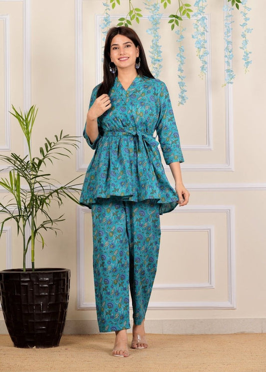 Blue Floral Printed Cotton Co-Ord set for Women with belt