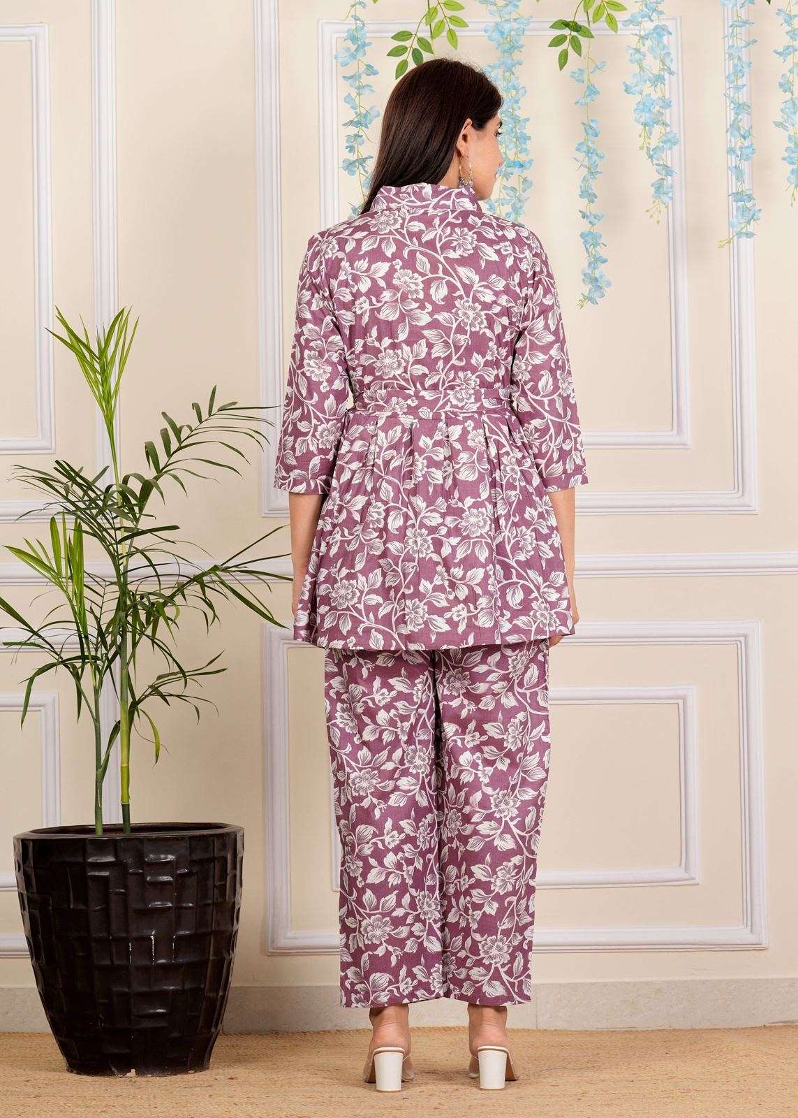 Designer Lavender Printed Cotton Co-Ord set for Women with belt