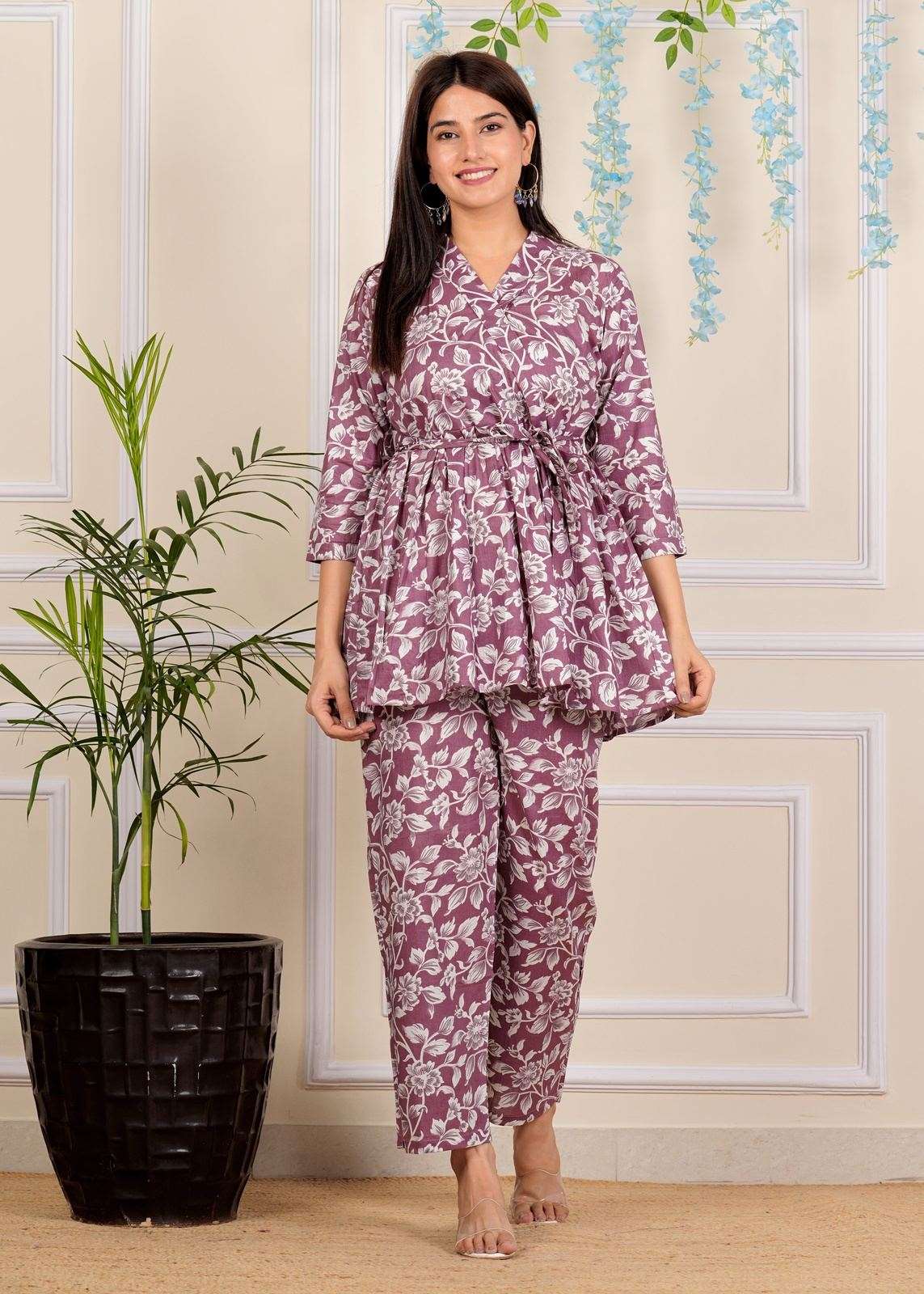 Designer Lavender Printed Cotton Co-Ord set for Women with belt