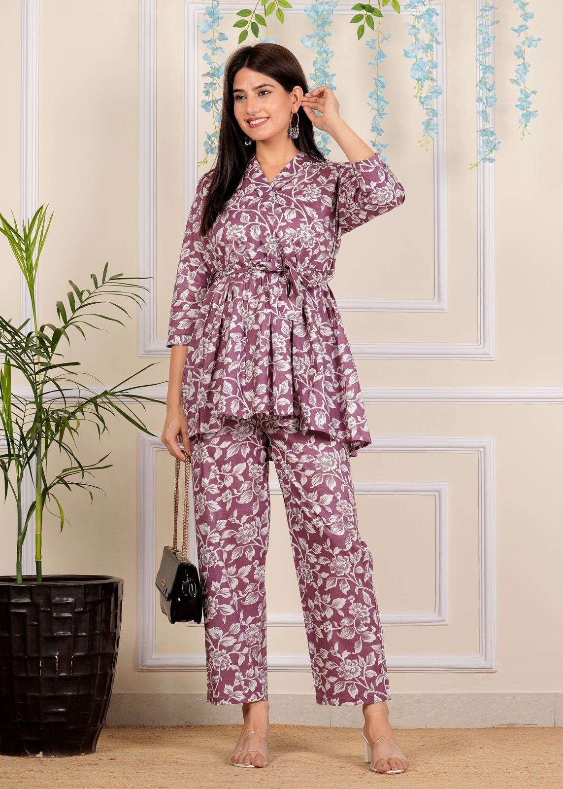 Designer Lavender Printed Cotton Co-Ord set for Women with belt