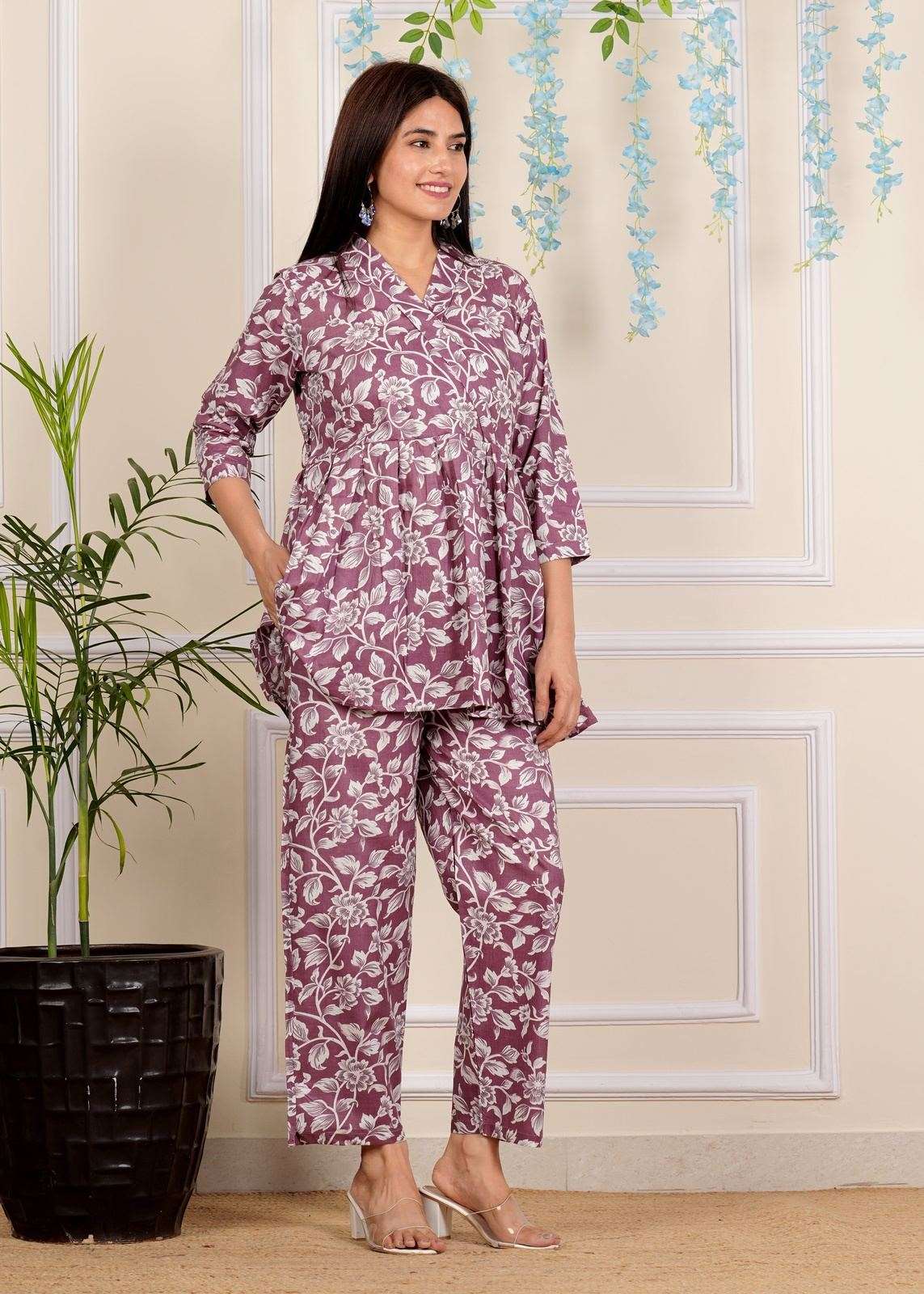 Designer Lavender Printed Cotton Co-Ord set for Women with belt