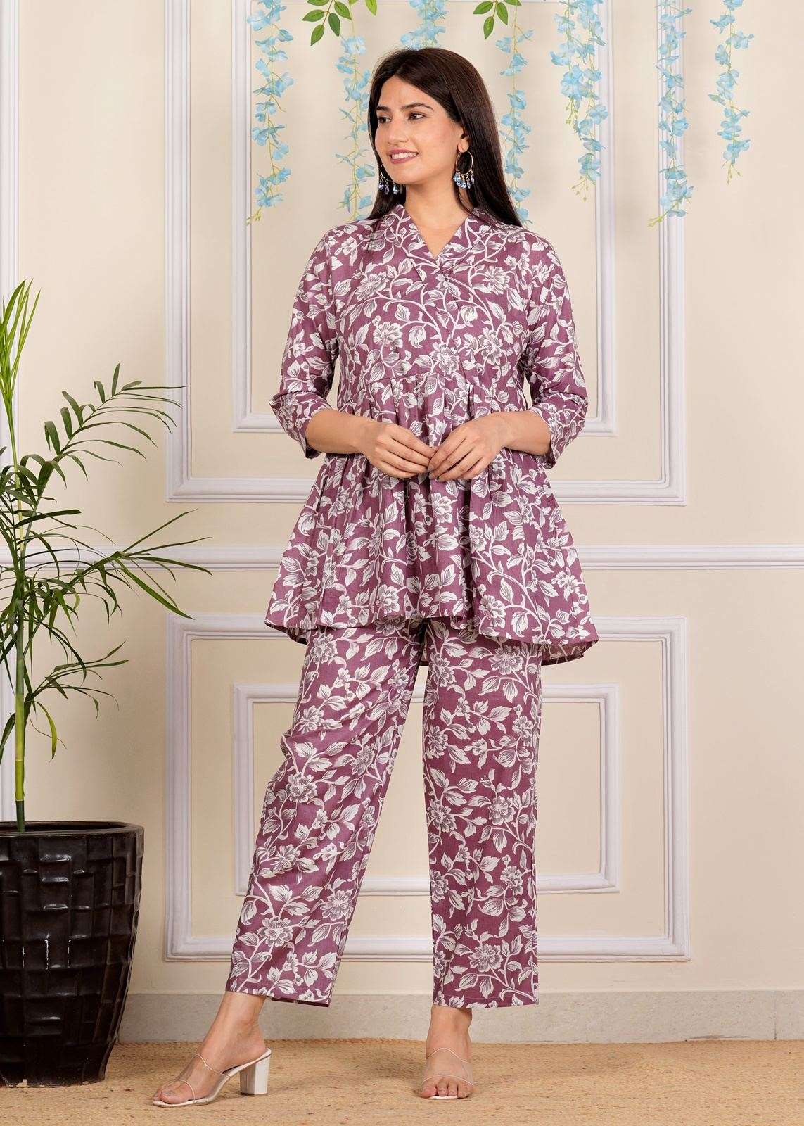 Designer Lavender Printed Cotton Co-Ord set for Women with belt