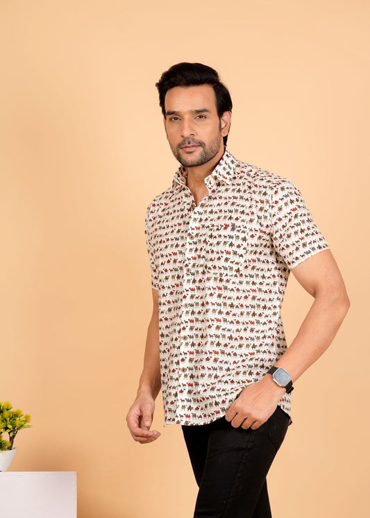 Multicolor Camel Printed Half Sleeves Cotton Shirt