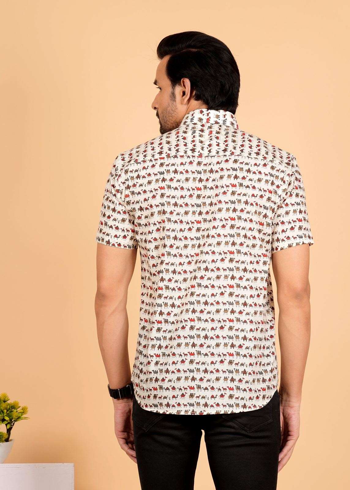 Multicolor Camel Printed Half Sleeves Cotton Shirt