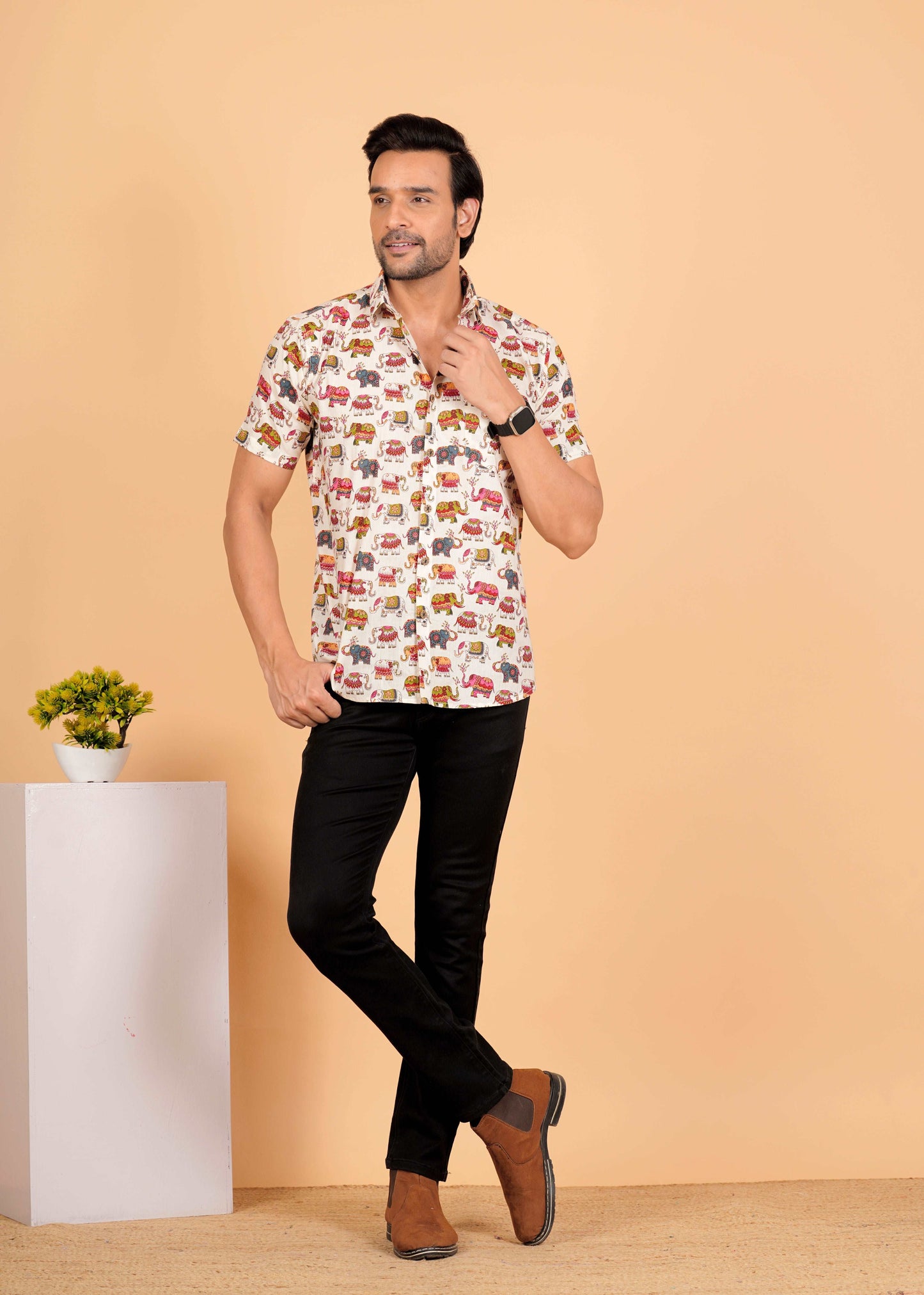 White Multicolor Elephant Printed Half Sleeves Cotton Shirt