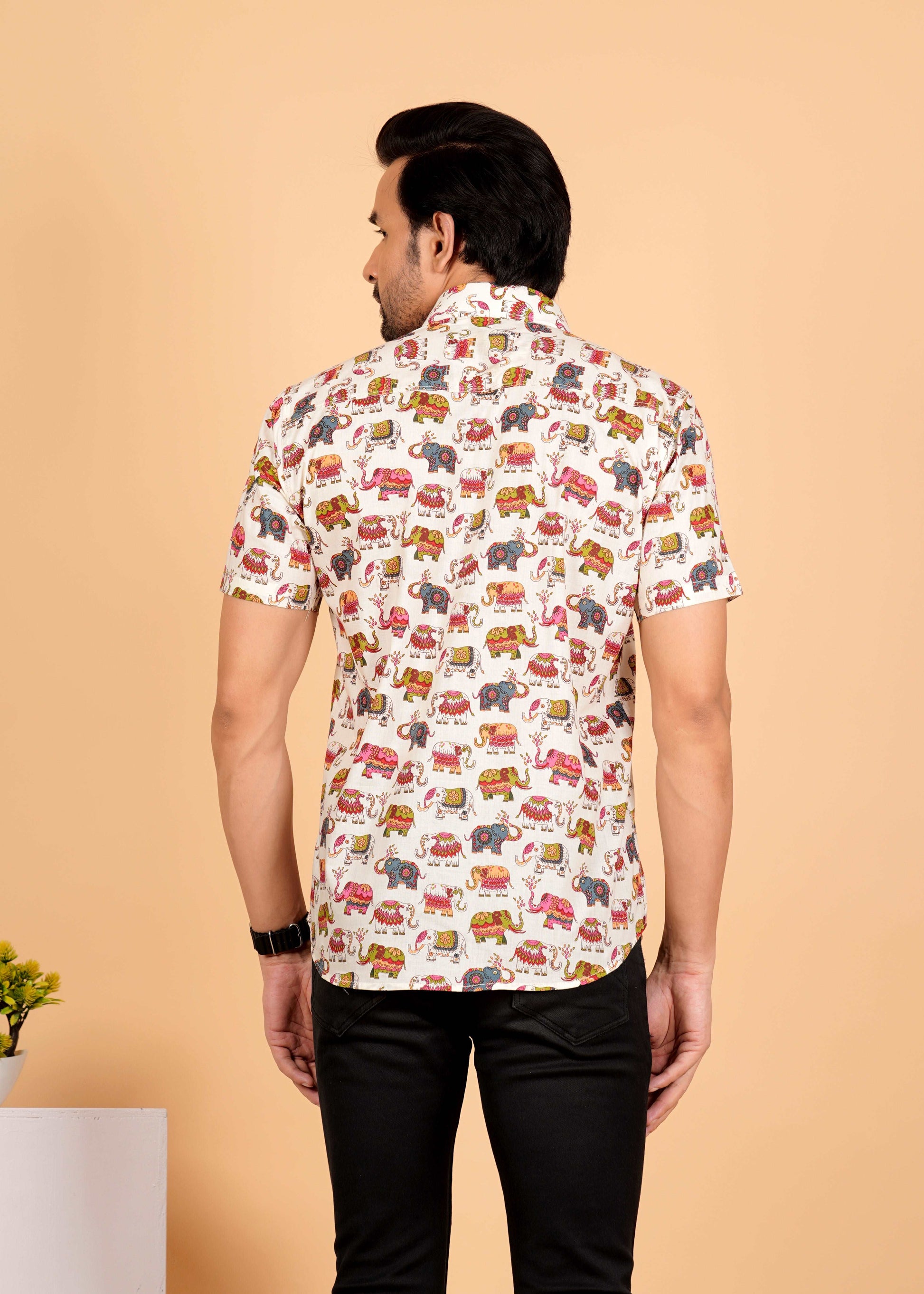 White Multicolor Elephant Printed Half Sleeves Cotton Shirt