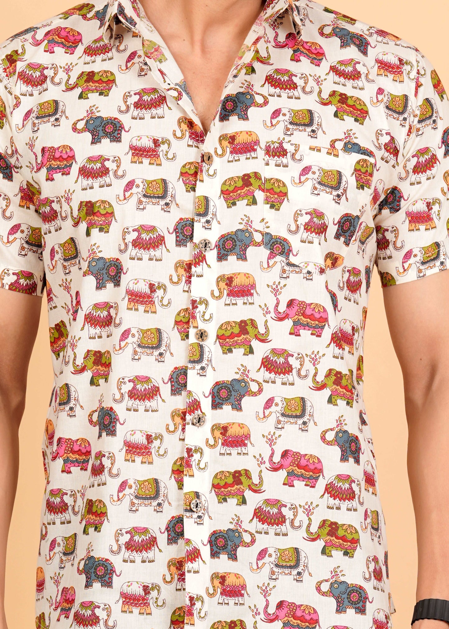 White Multicolor Elephant Printed Half Sleeves Cotton Shirt