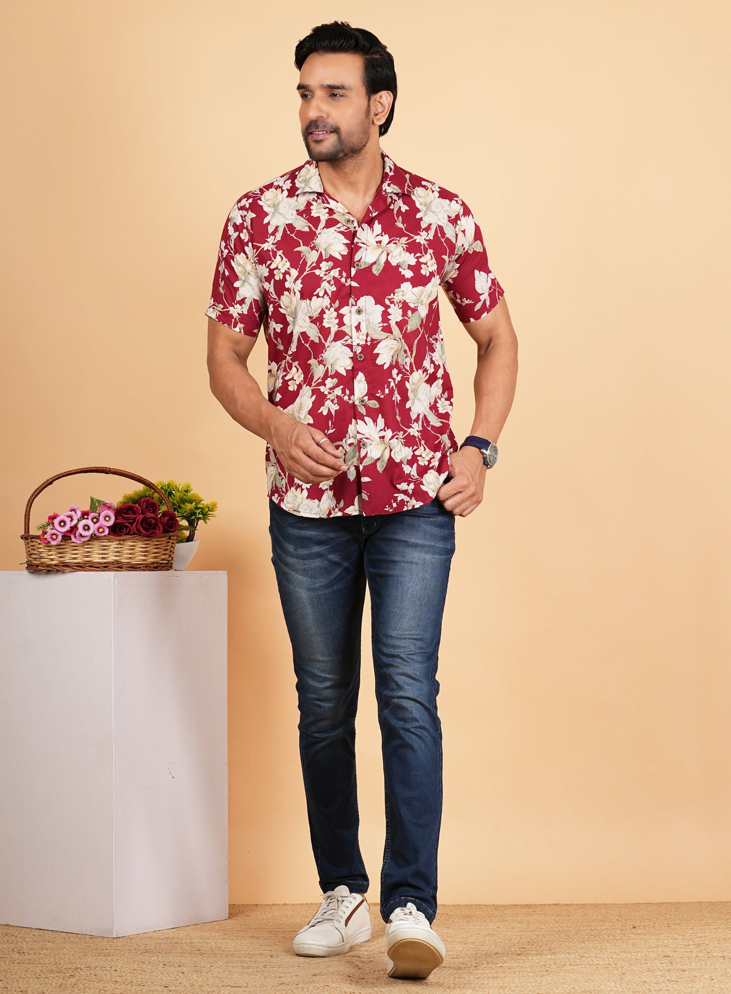 Red Floral Printed Cuban Collar Half Sleeves Shirts for Men's