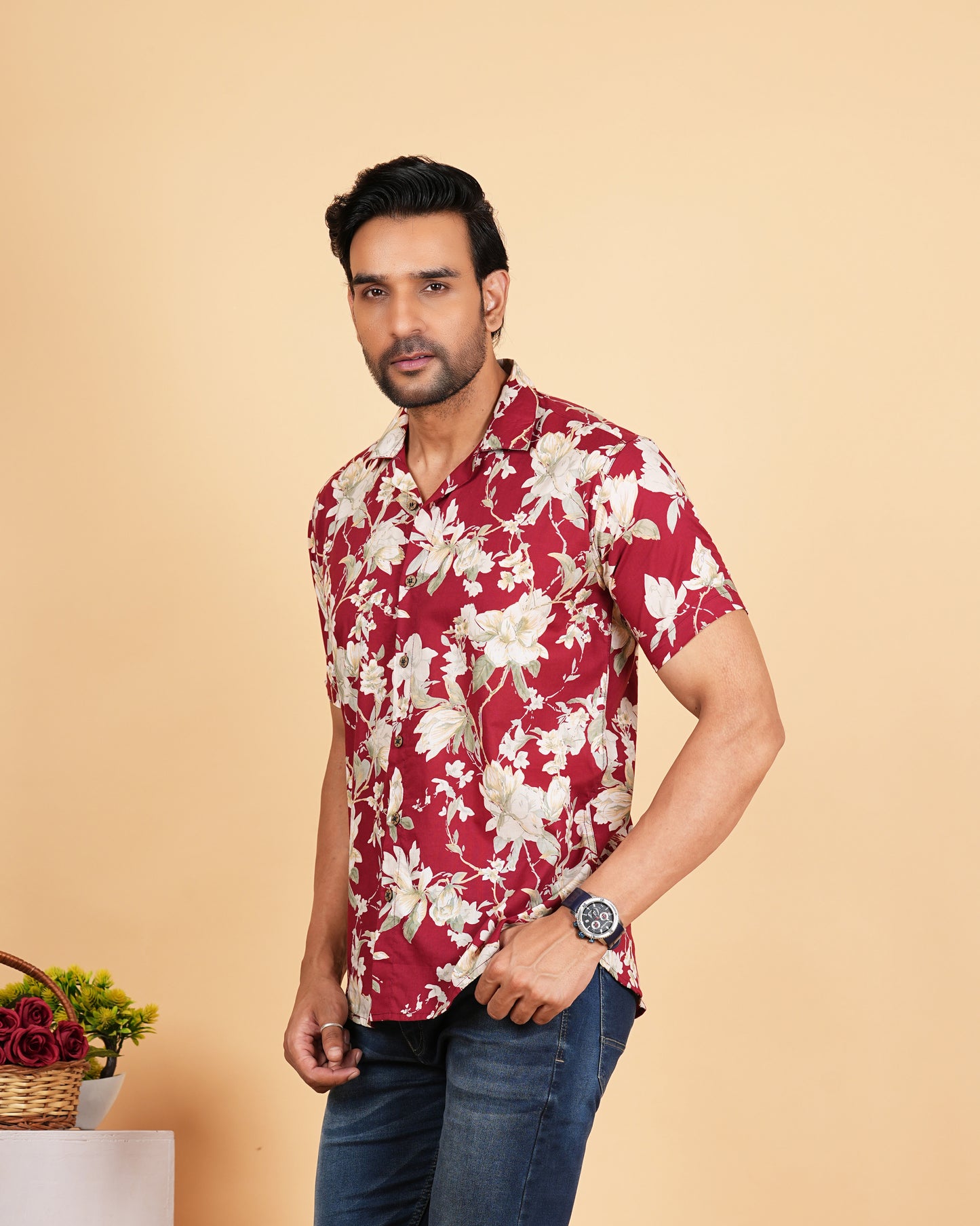 Red Floral Printed Cuban Collar Half Sleeves Shirts for Men's