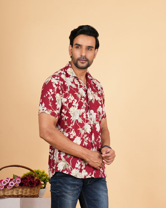 Red Floral Printed Cuban Collar Half Sleeves Shirts for Men's