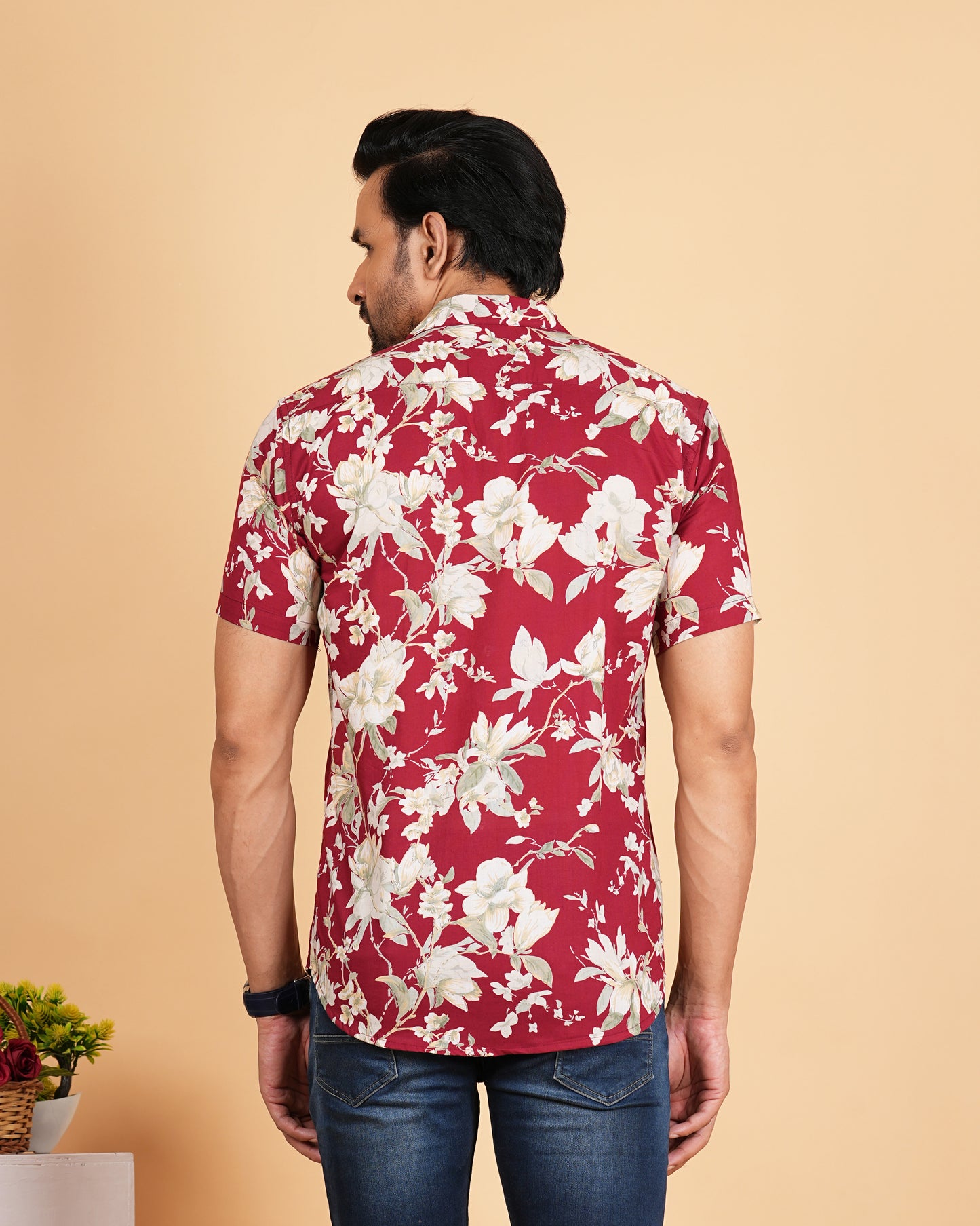 Red Floral Printed Cuban Collar Half Sleeves Shirts for Men's