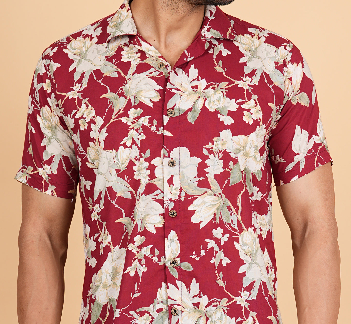 Red Floral Printed Cuban Collar Half Sleeves Shirts for Men's