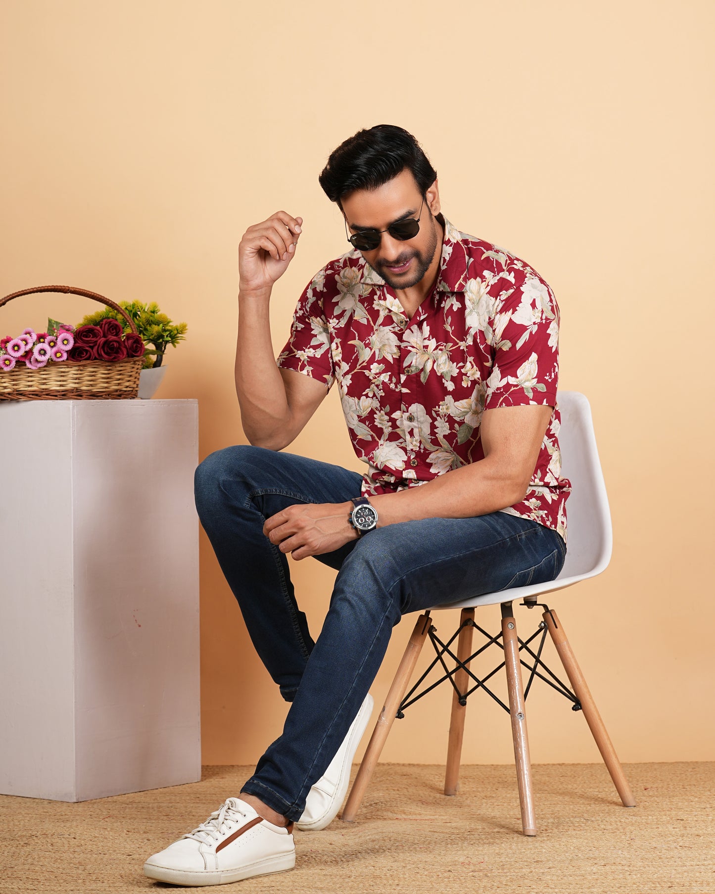 Red Floral Printed Cuban Collar Half Sleeves Shirts for Men's