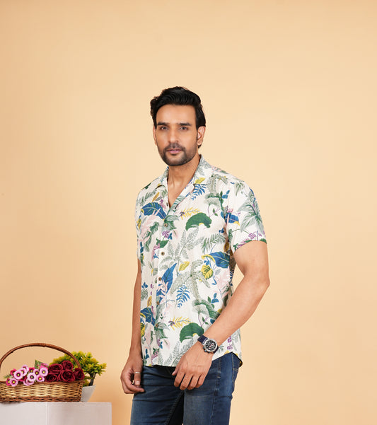 Jungle Print Cuban Collar Half Sleeves Shirts for Men's