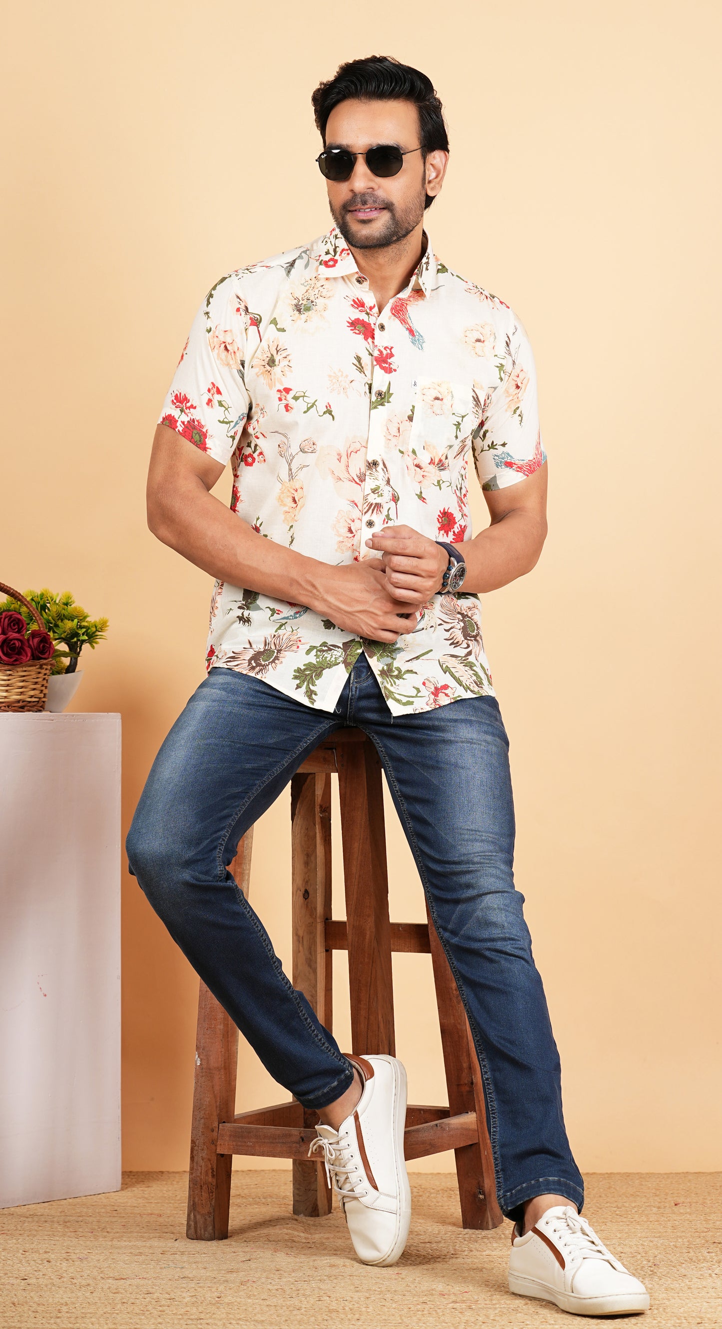 Off White Floral Print Half Sleeves Shirts for Men's