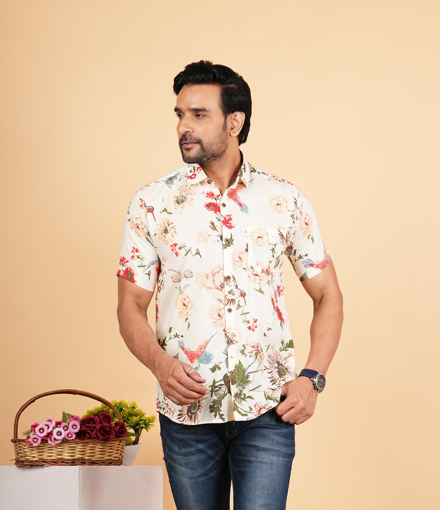 Off White Floral Print Half Sleeves Shirts for Men's