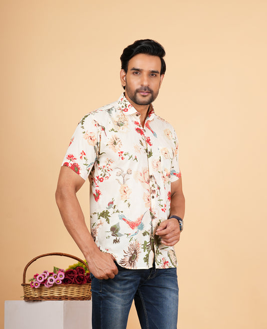 Off White Floral Print Half Sleeves Shirts for Men's