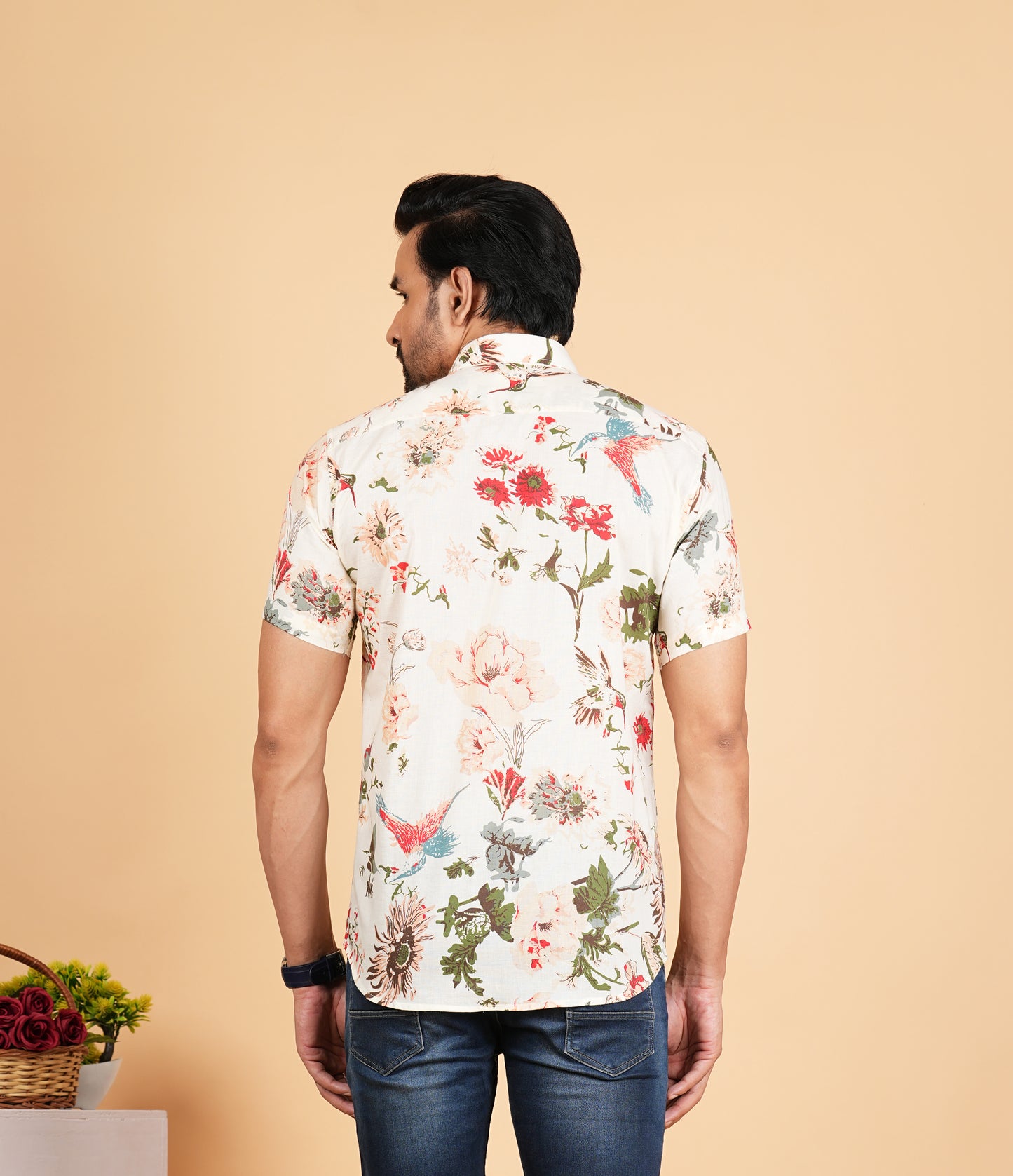 Off White Floral Print Half Sleeves Shirts for Men's