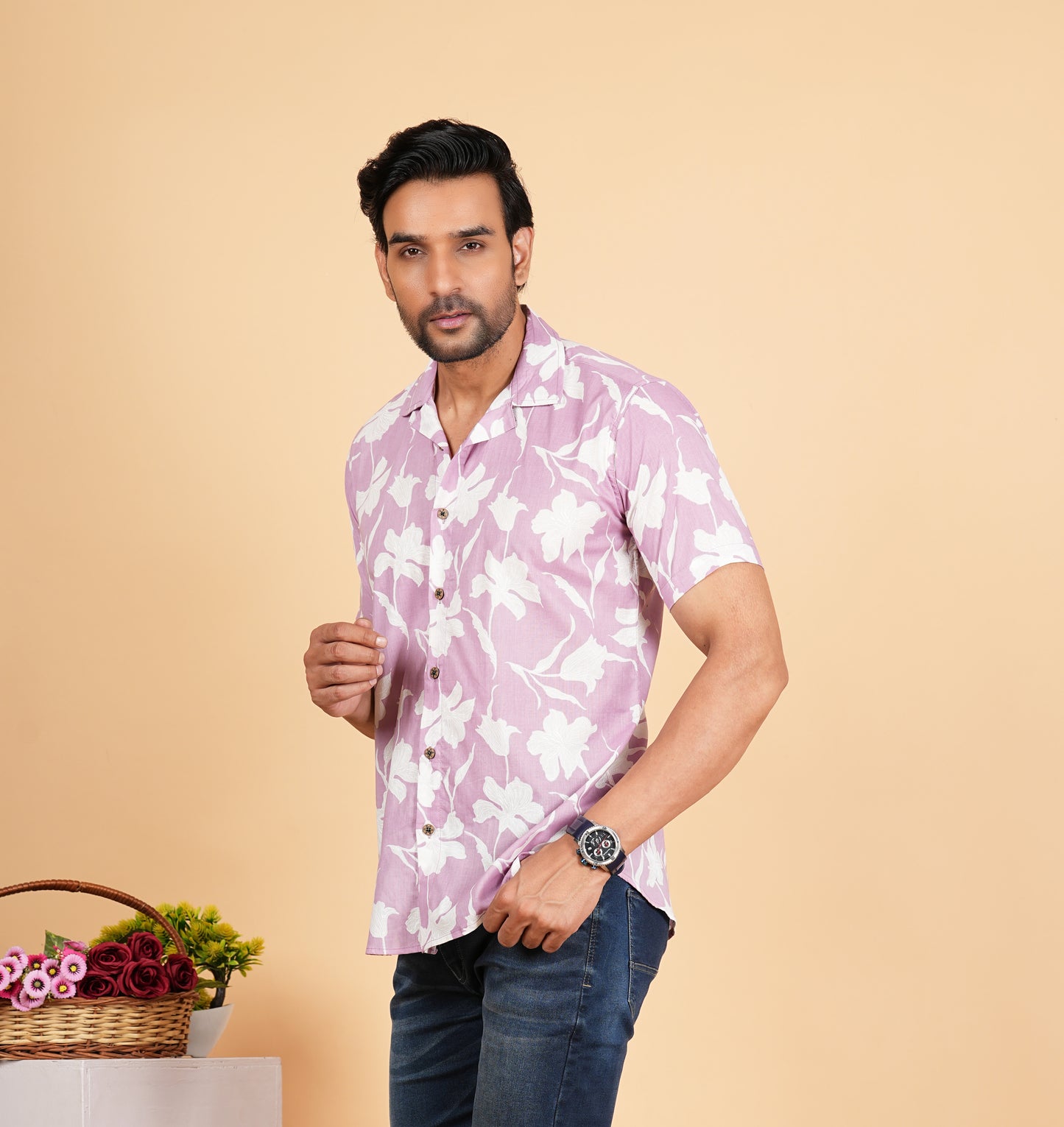 Pink n White Floral Print Cuban Collar Half Sleeves Shirts for Men's