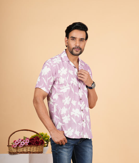 Pink n White Floral Print Cuban Collar Half Sleeves Shirts for Men's