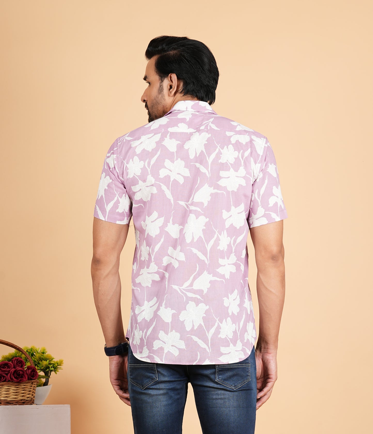 Pink n White Floral Print Cuban Collar Half Sleeves Shirts for Men's