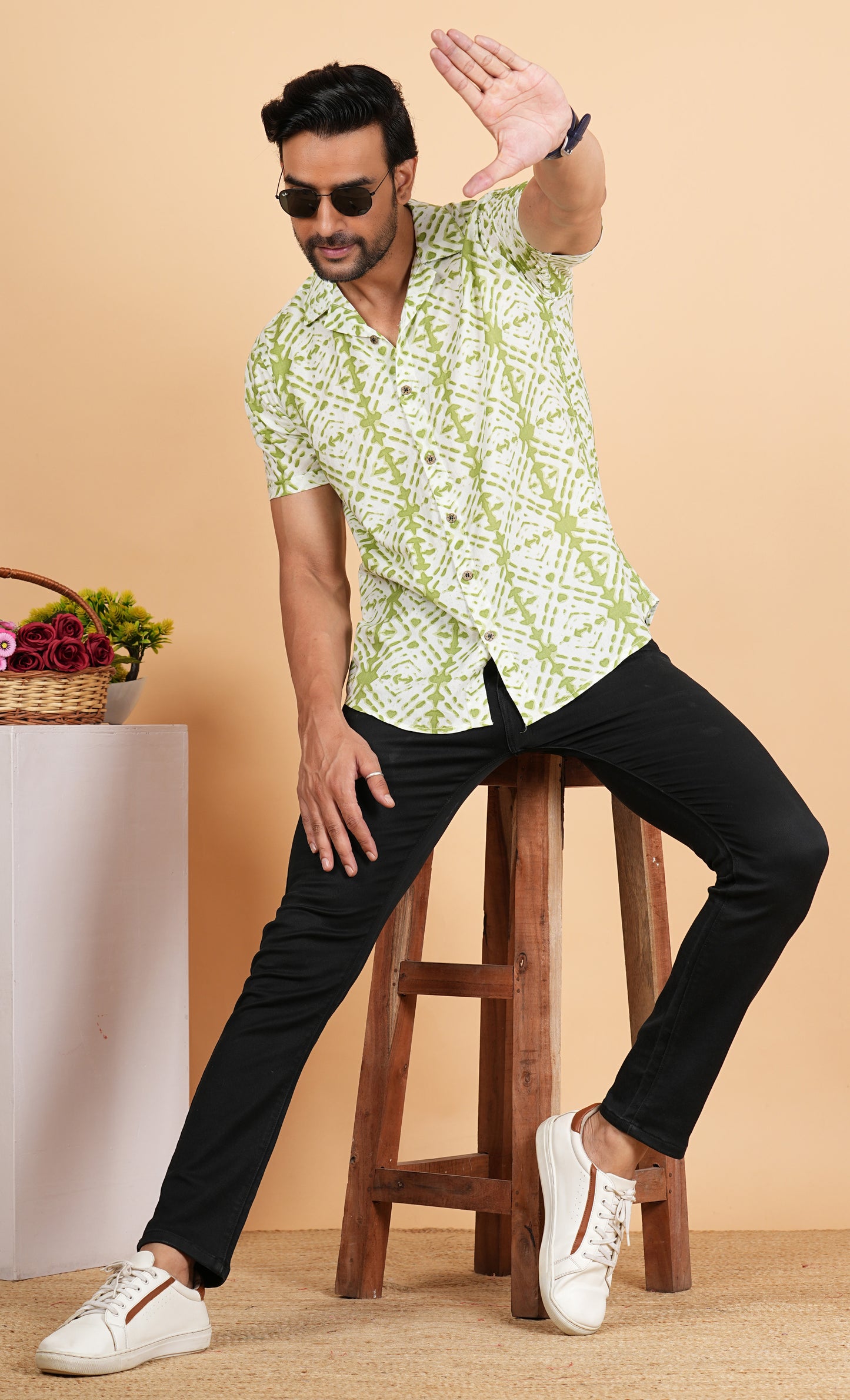 Green Tie Die Printed Cuban Collar Half Sleeves Shirts for Men's