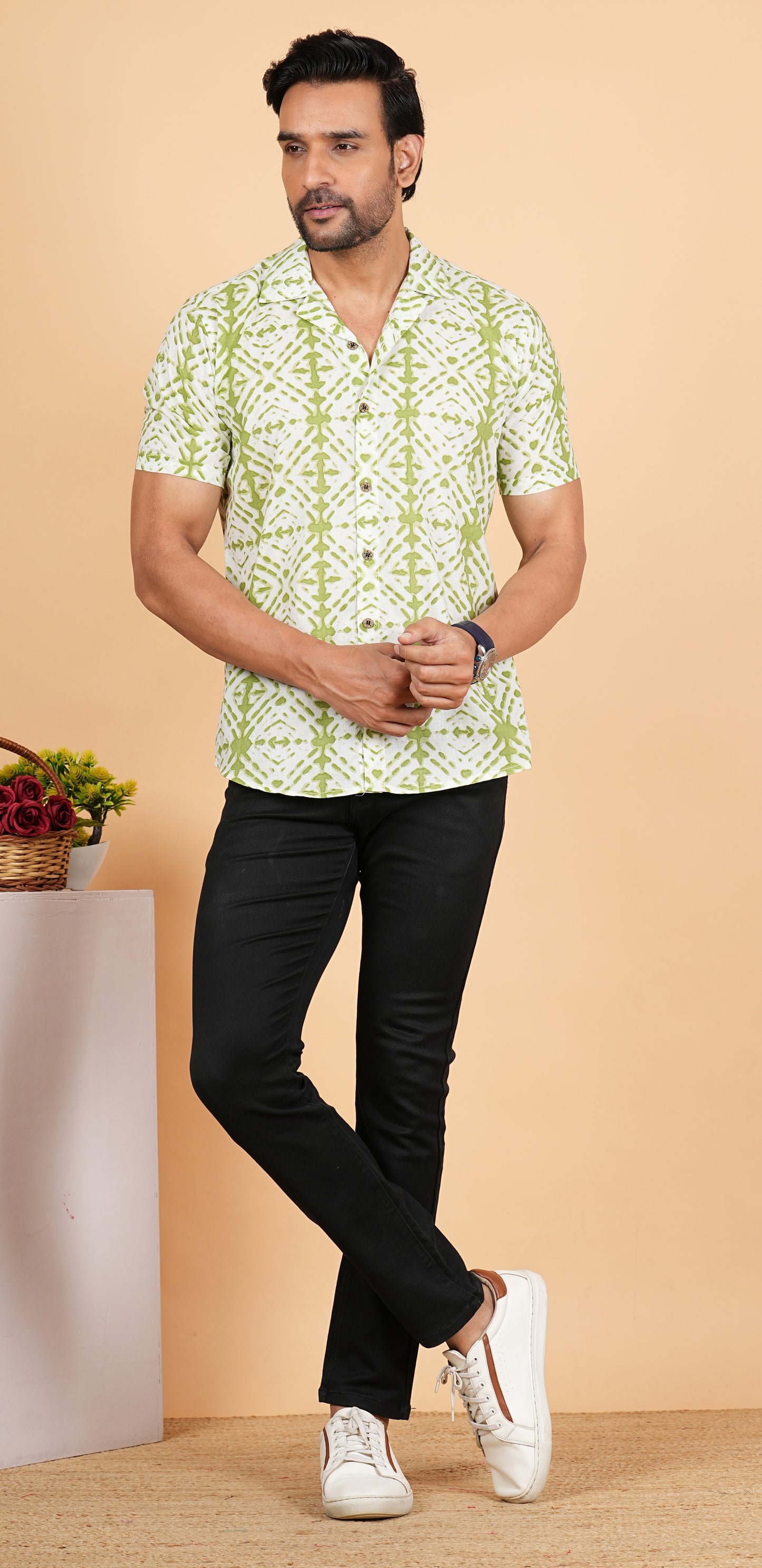 Green Tie Die Printed Cuban Collar Half Sleeves Shirts for Men's