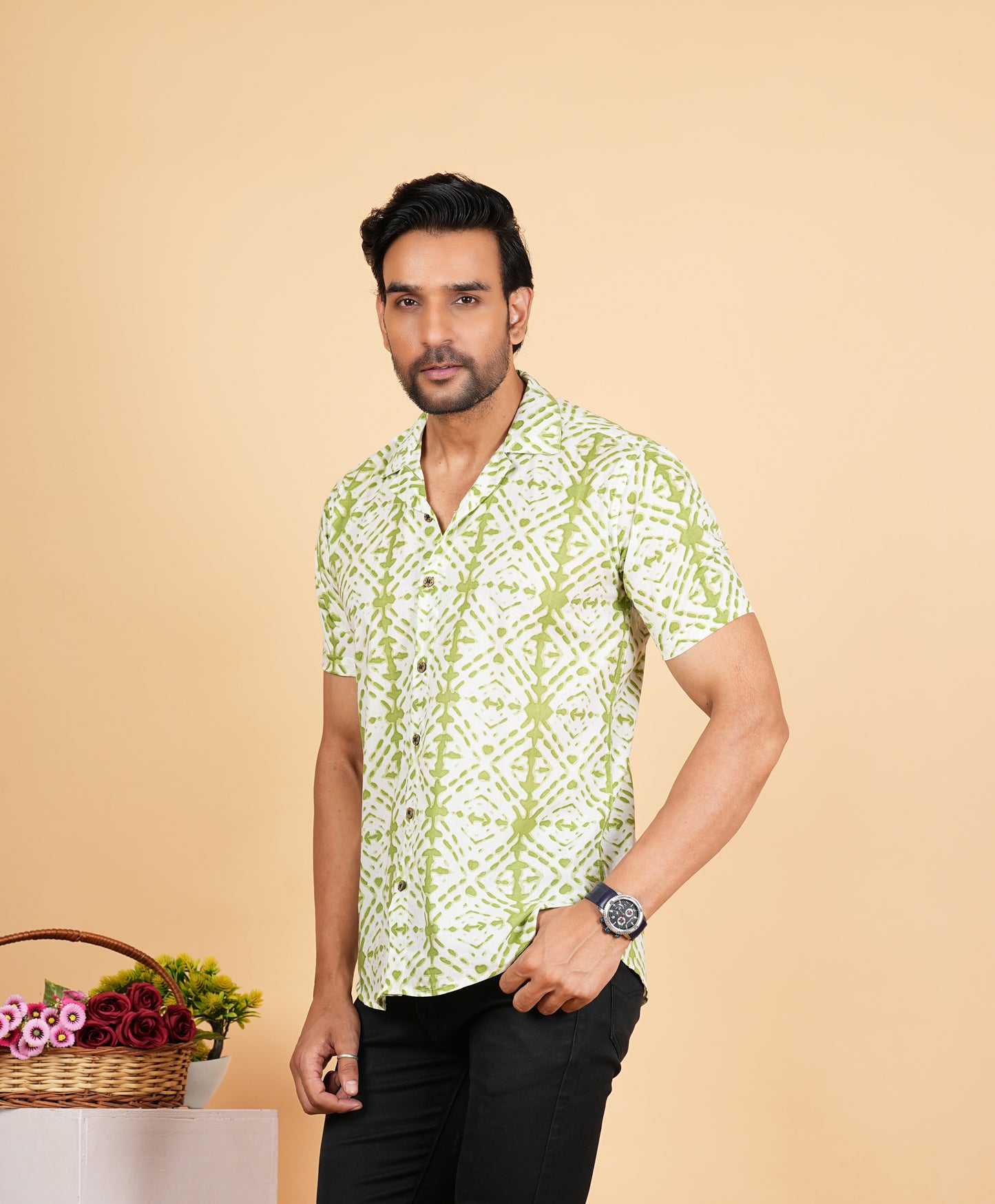 Green Tie Die Printed Cuban Collar Half Sleeves Shirts for Men's