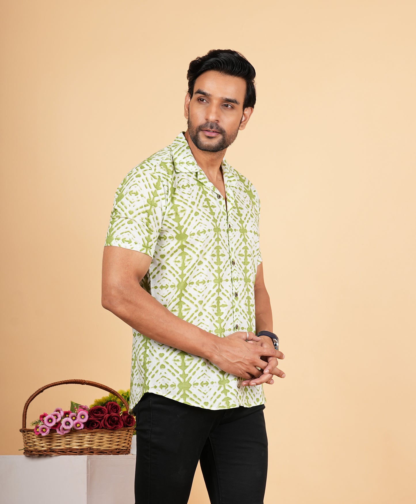 Green Tie Die Printed Cuban Collar Half Sleeves Shirts for Men's