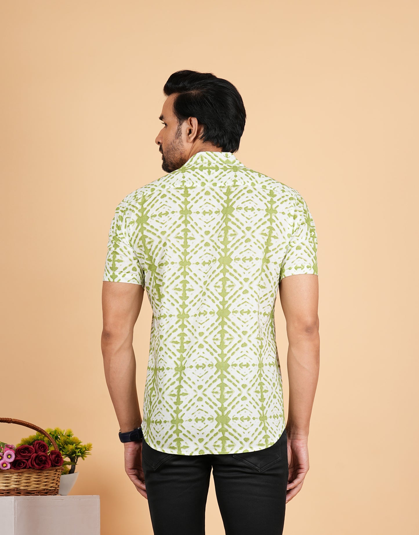 Green Tie Die Printed Cuban Collar Half Sleeves Shirts for Men's