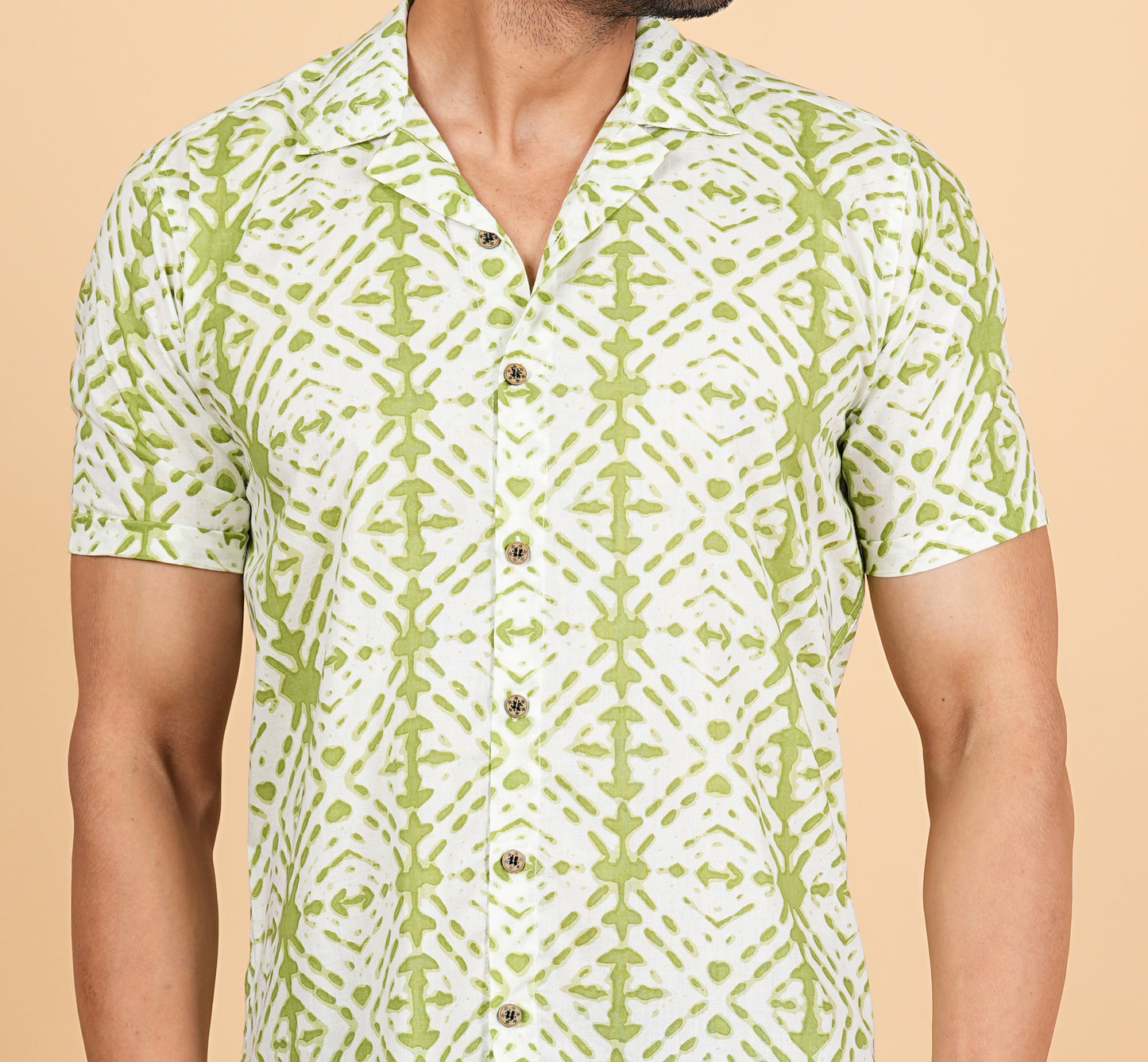 Green Tie Die Printed Cuban Collar Half Sleeves Shirts for Men's