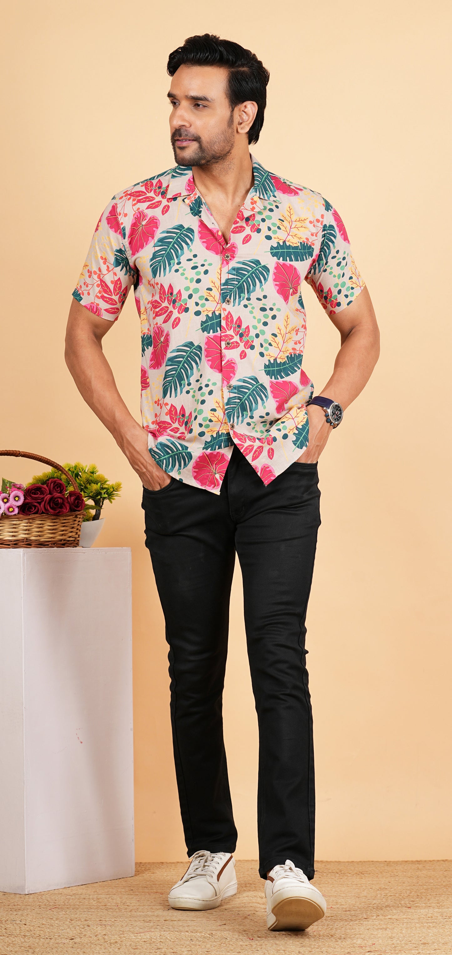 Leaf Printed Cuban Collar Half Sleeves Shirts for Men's