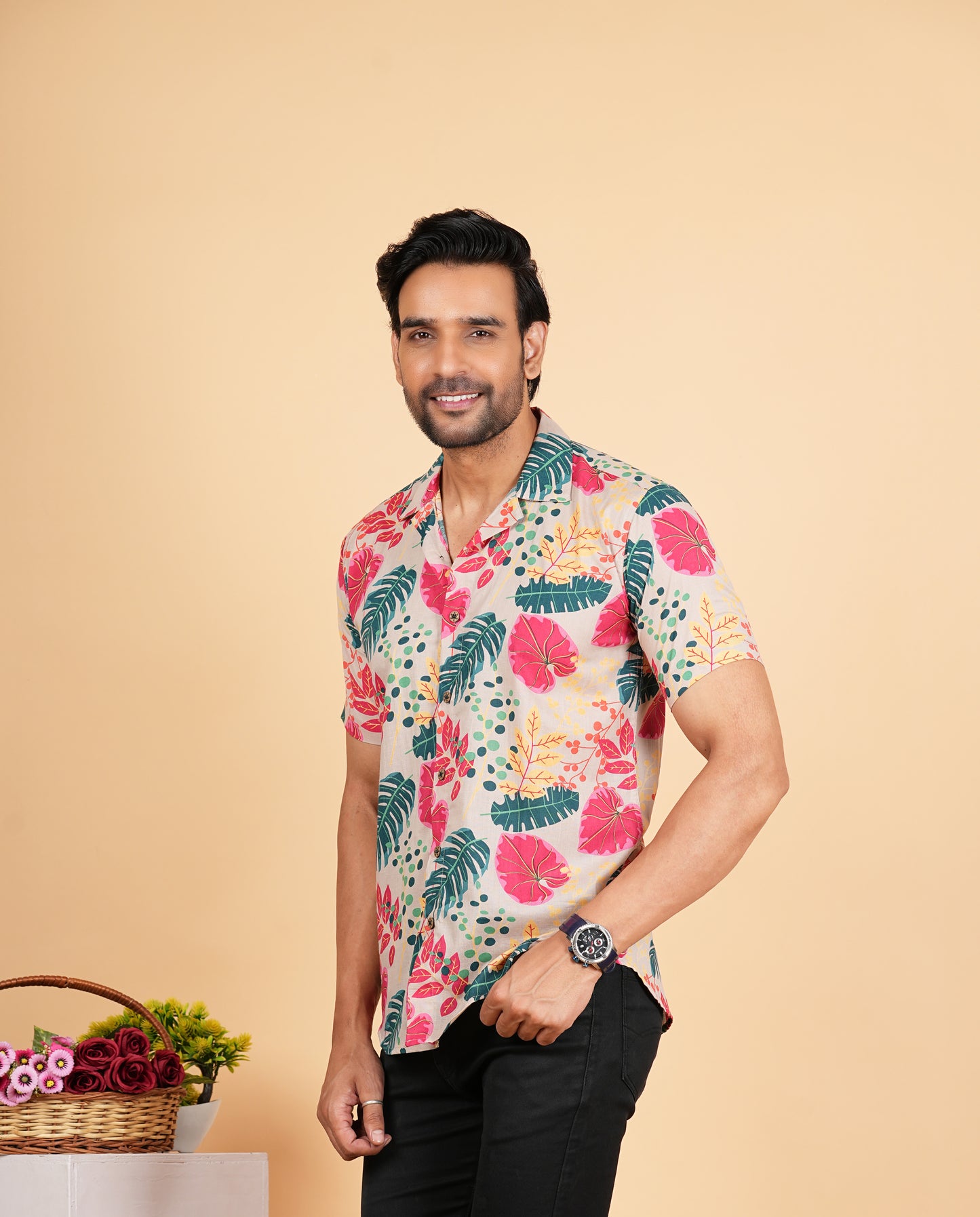 Leaf Printed Cuban Collar Half Sleeves Shirts for Men's