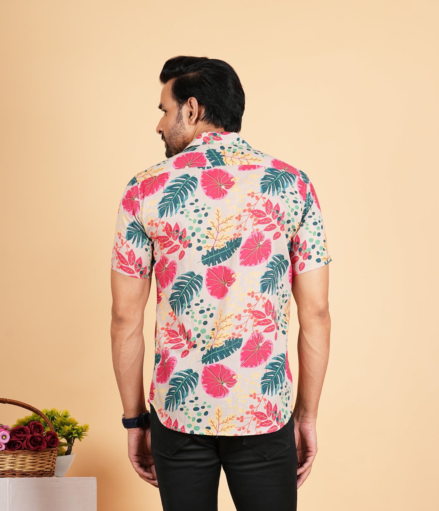 Leaf Printed Cuban Collar Half Sleeves Shirts for Men's