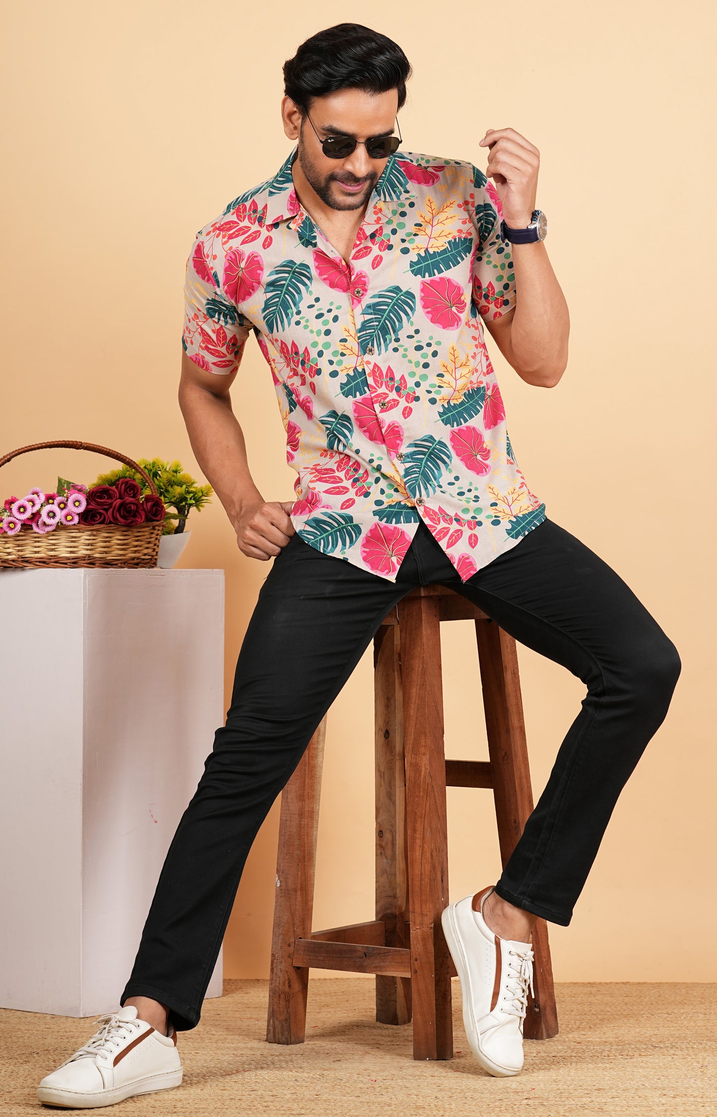 Leaf Printed Cuban Collar Half Sleeves Shirts for Men's