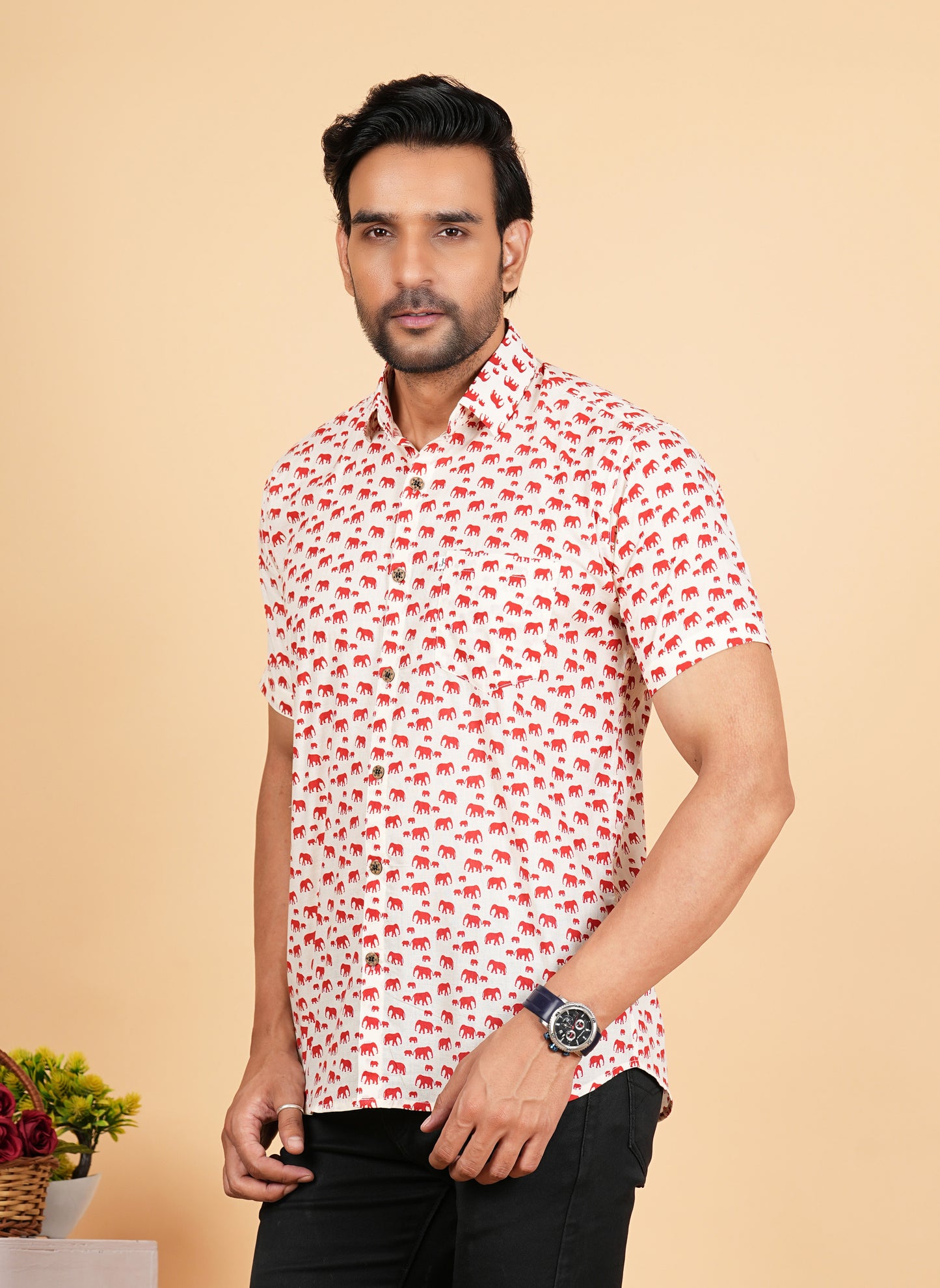 Red And White Elephant Printed Half Sleeves Shirts for Men's