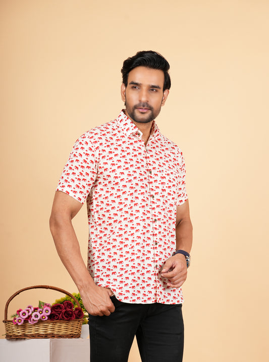 Red And White Elephant Printed Half Sleeves Shirts for Men's