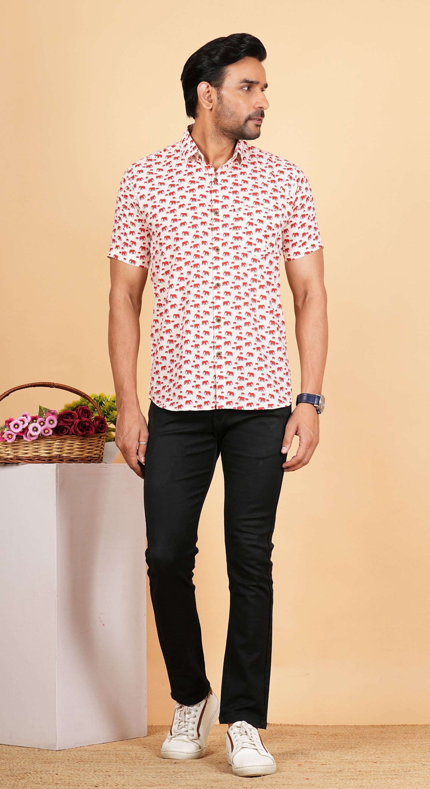 Red And White Elephant Printed Half Sleeves Shirts for Men's