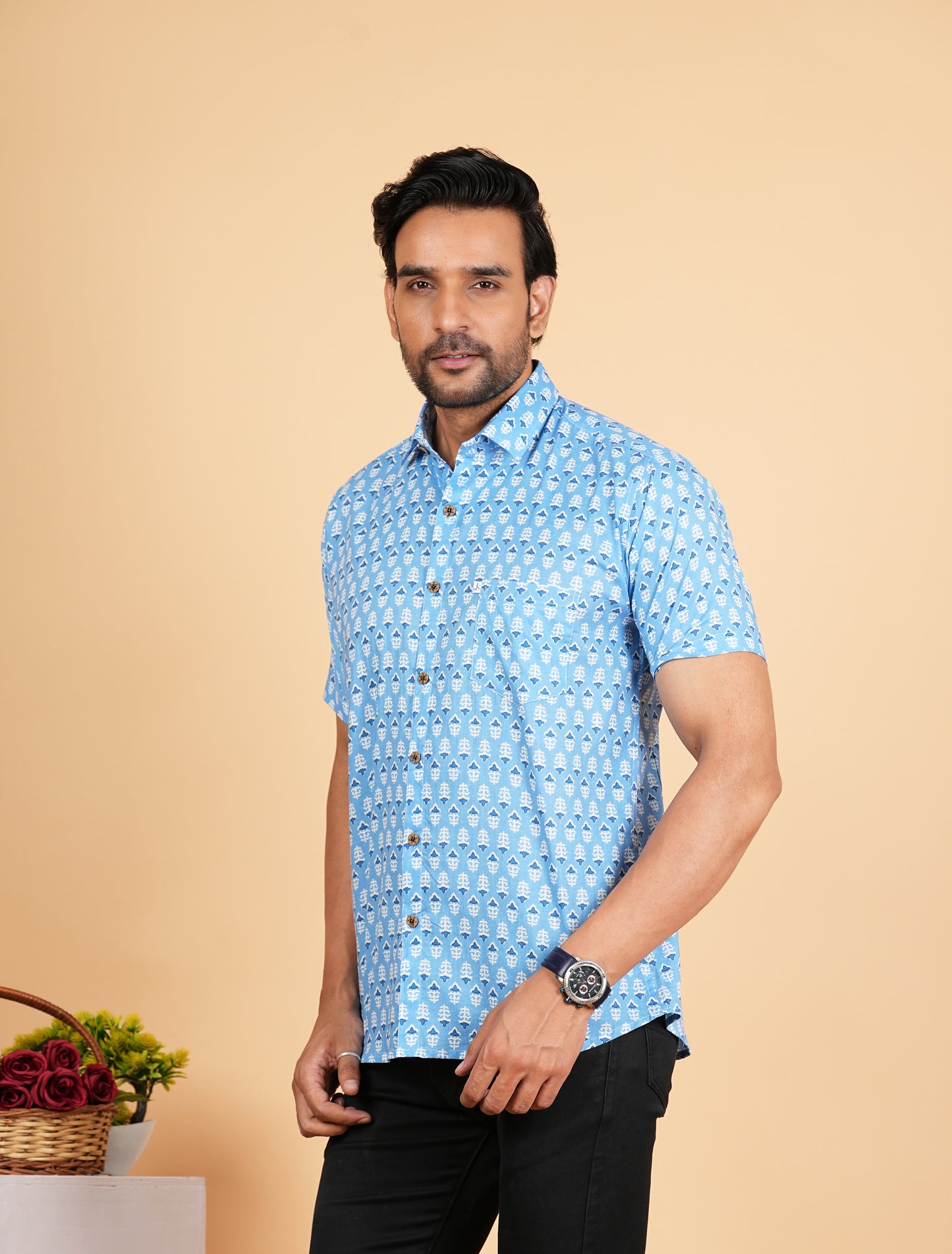 Blue And White Booti Printed Half Sleeves Shirts for Men's