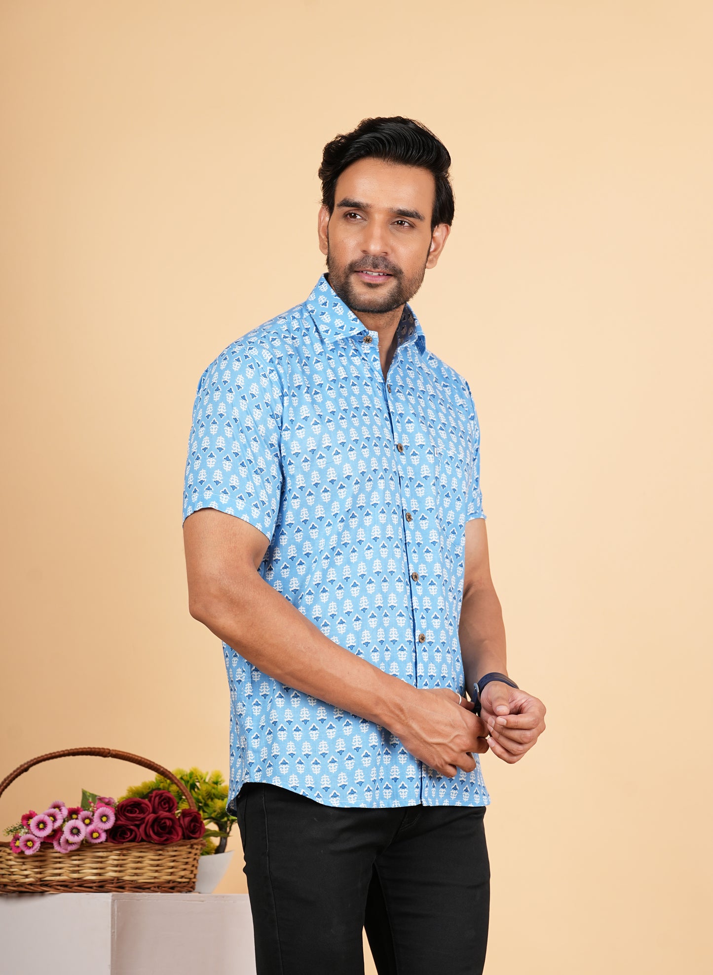 Blue And White Booti Printed Half Sleeves Shirts for Men's