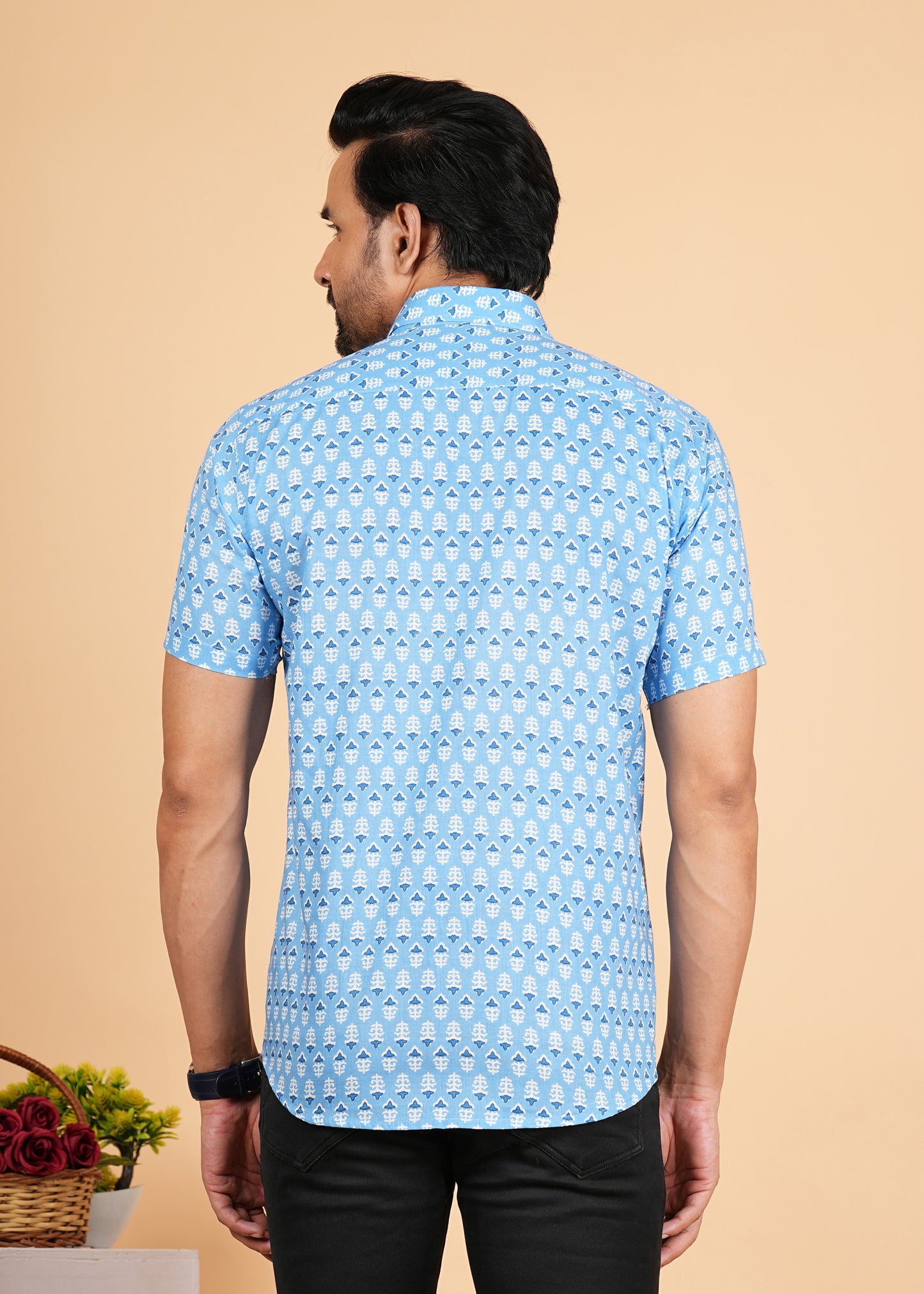 Blue And White Booti Printed Half Sleeves Shirts for Men's