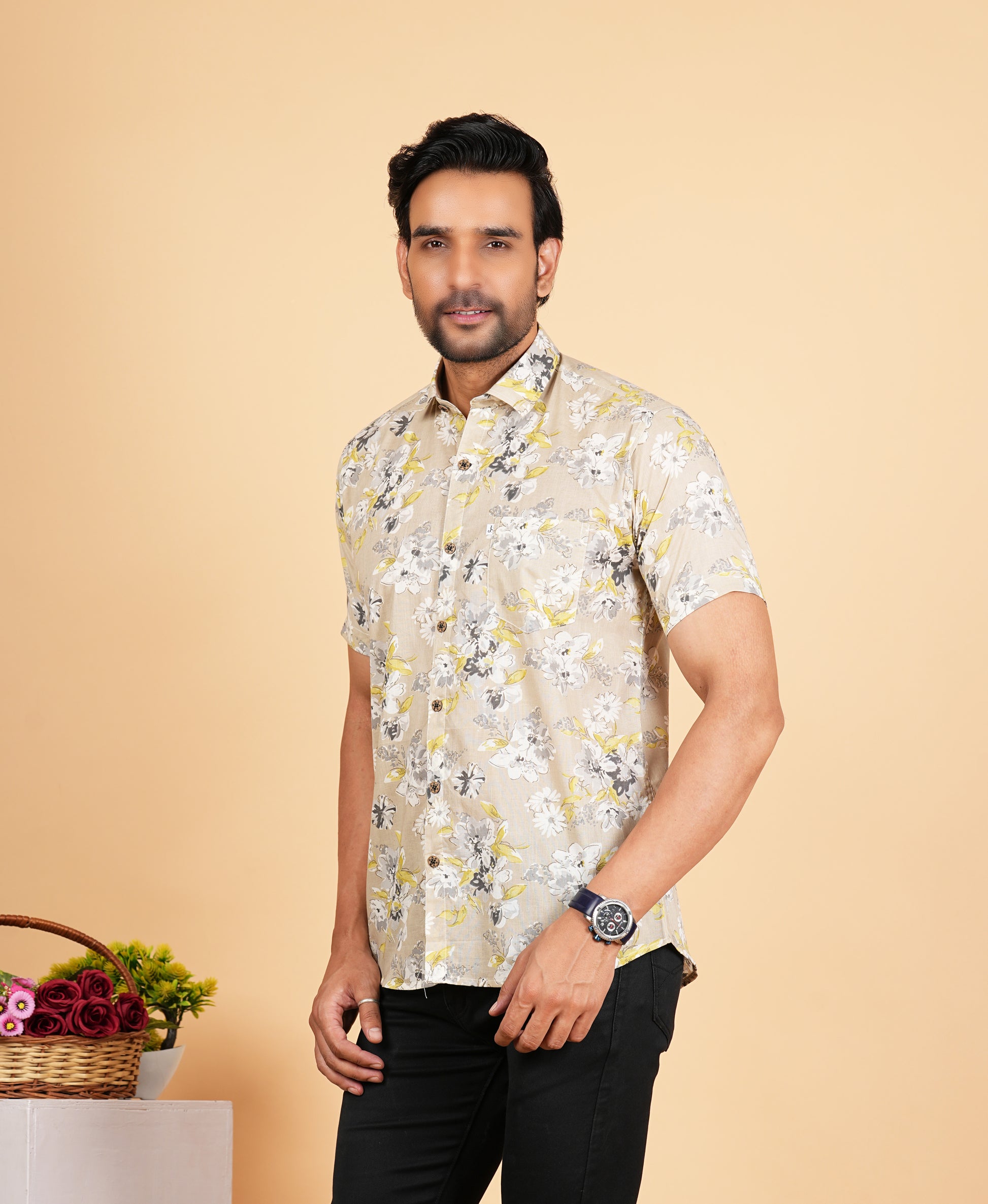 Beige Floral Printed Half Sleeves Shirts for Men's M/38