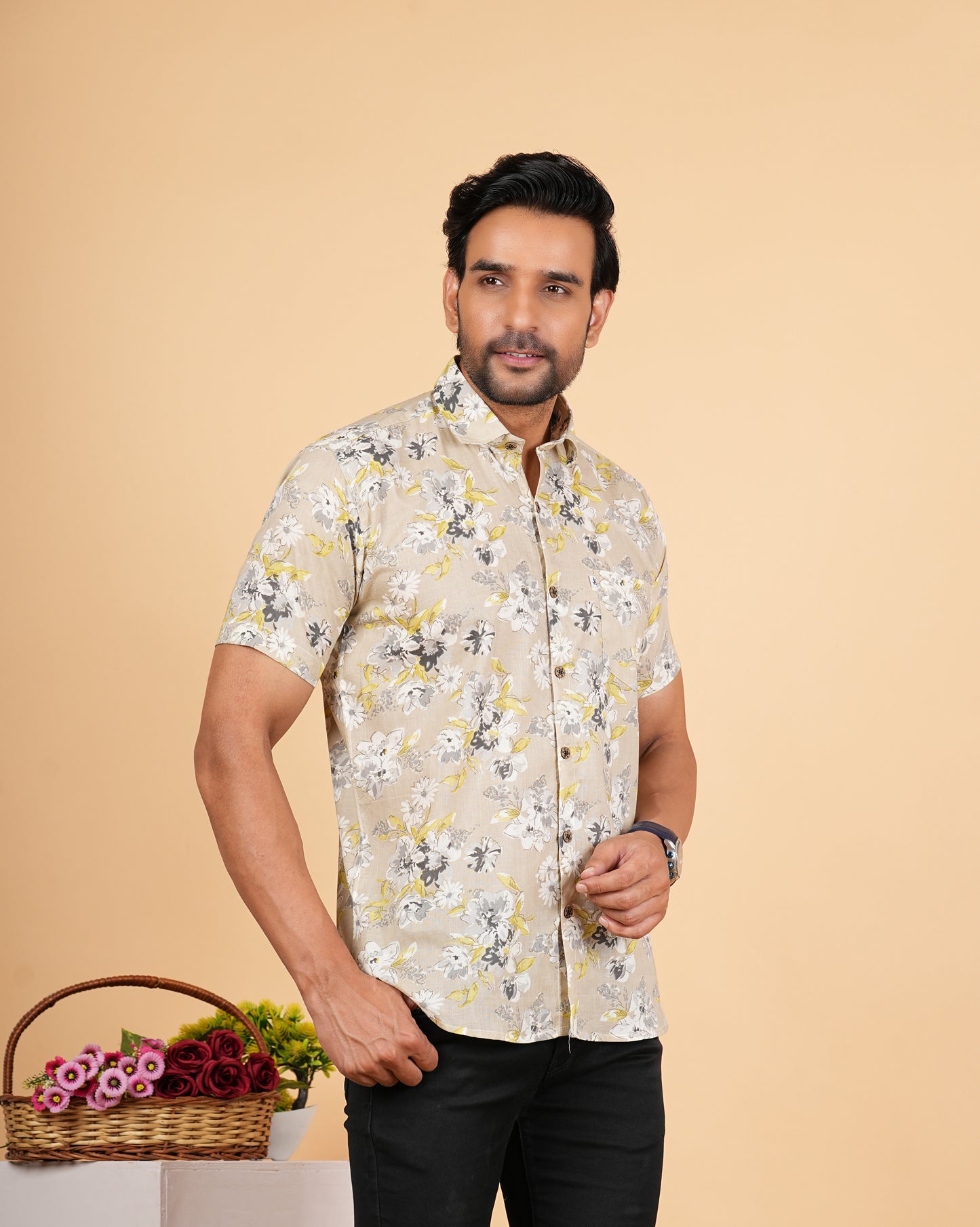 Beige Floral Printed Half Sleeves Shirts for Men's